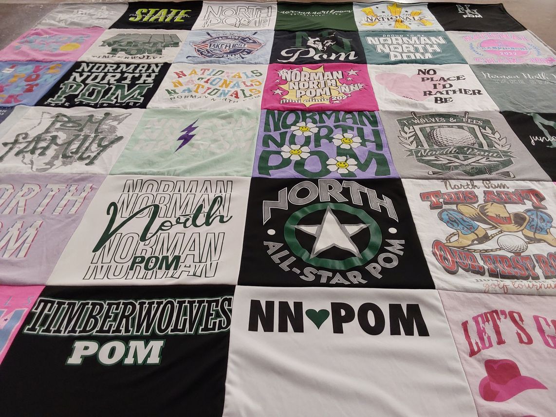 T-shirt quilt featuring timberwolves pom team by Julie from OK