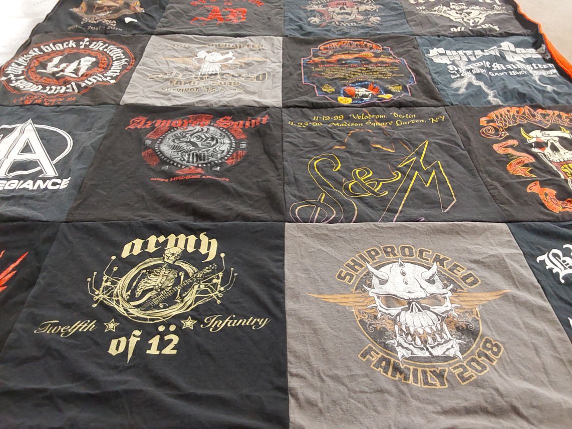 T-shirt quilt with music, metal themes by Shelly from AZ