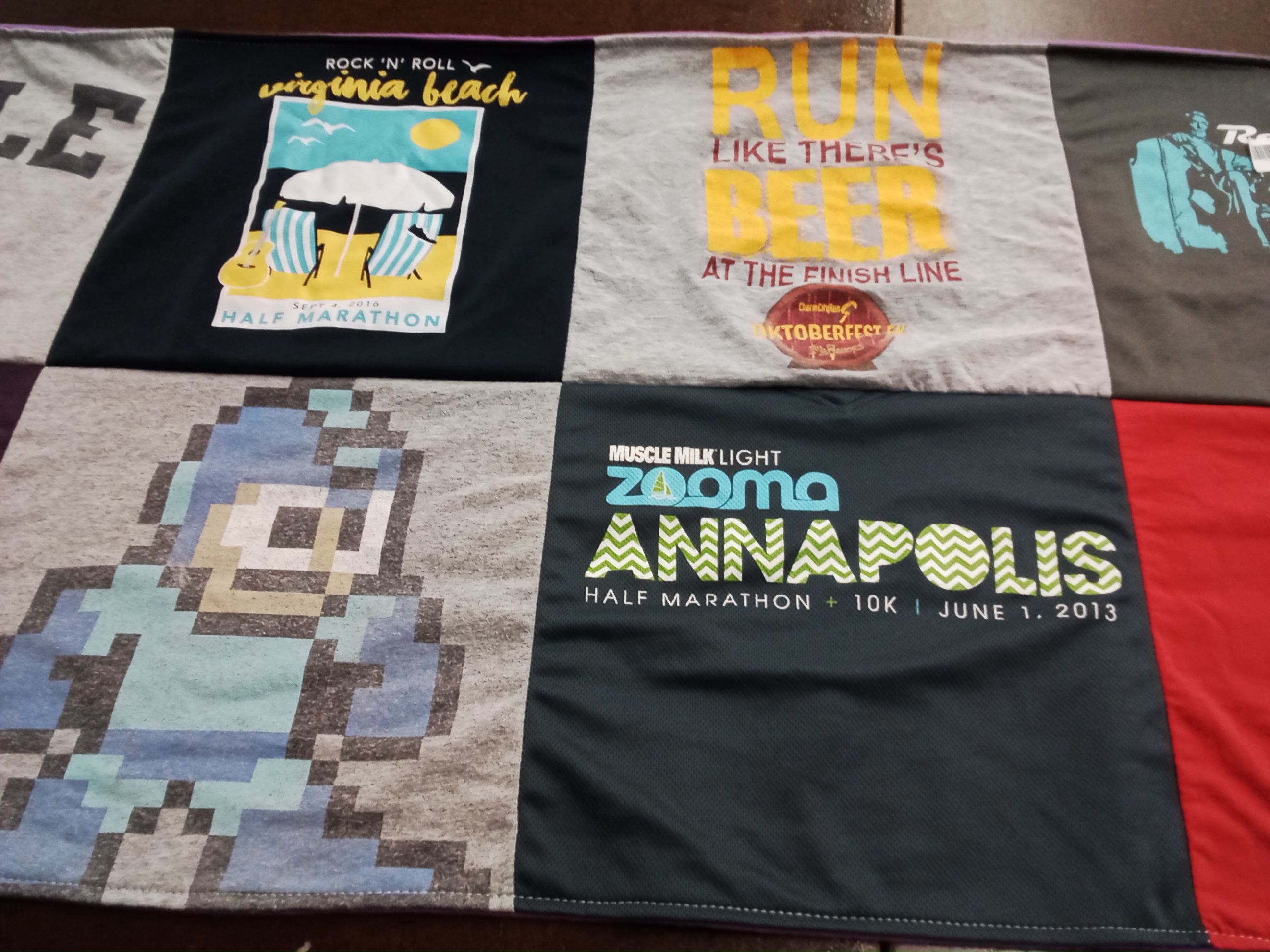 T-shirt quilt with running, beer themes by Kimberly from MD