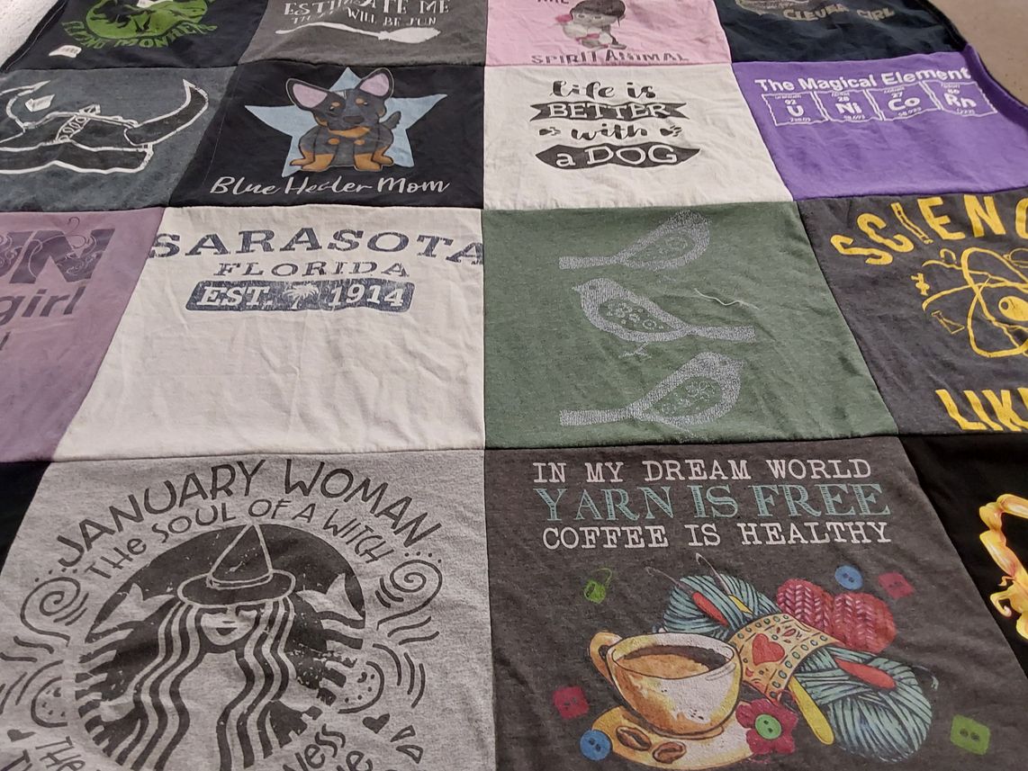 T-shirt quilt with animals, coffee themes by Bev from NH