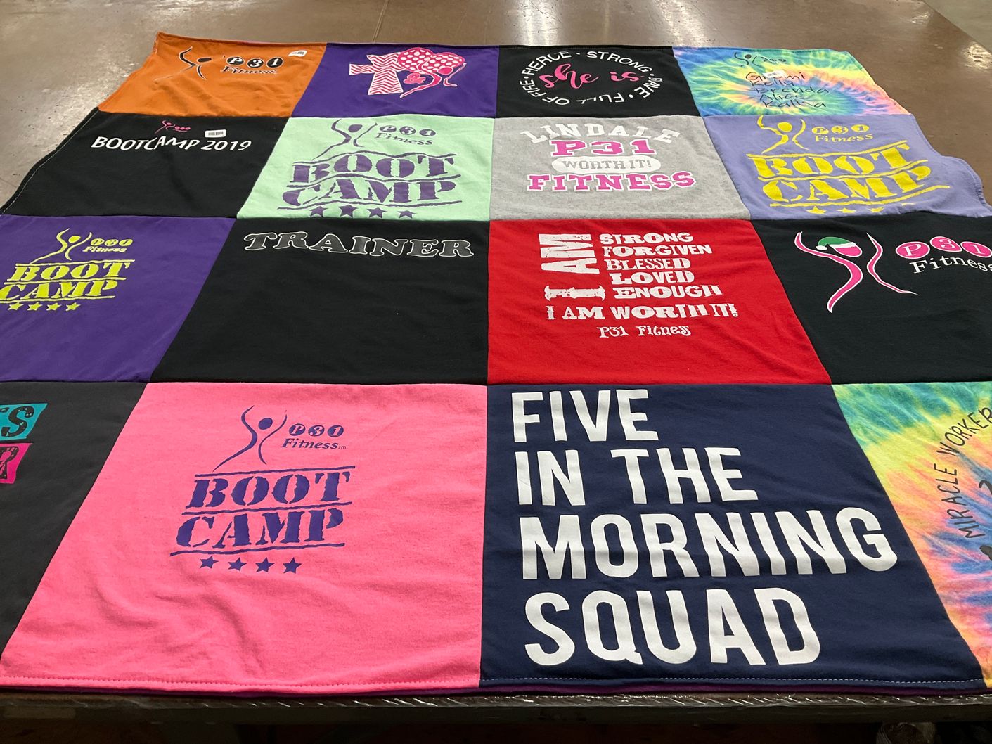 T-shirt quilt with fitness, workout themes by Kelly from TX