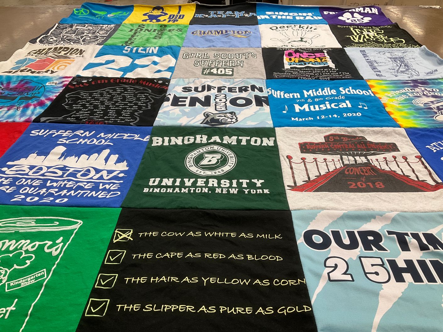 T-shirt quilt from suffern middle school, binghamton university by Debra from NY