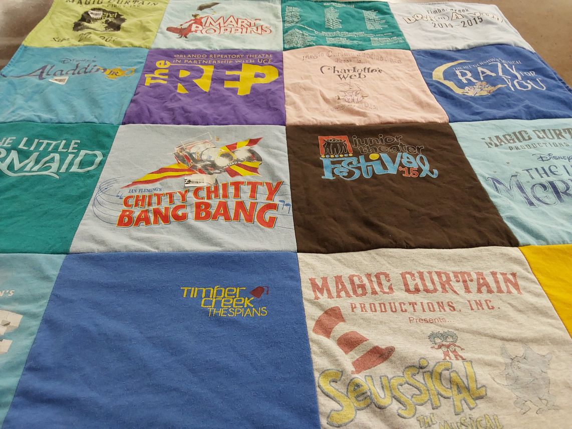 T-shirt quilt with theater, performing arts themes by Denise from FL