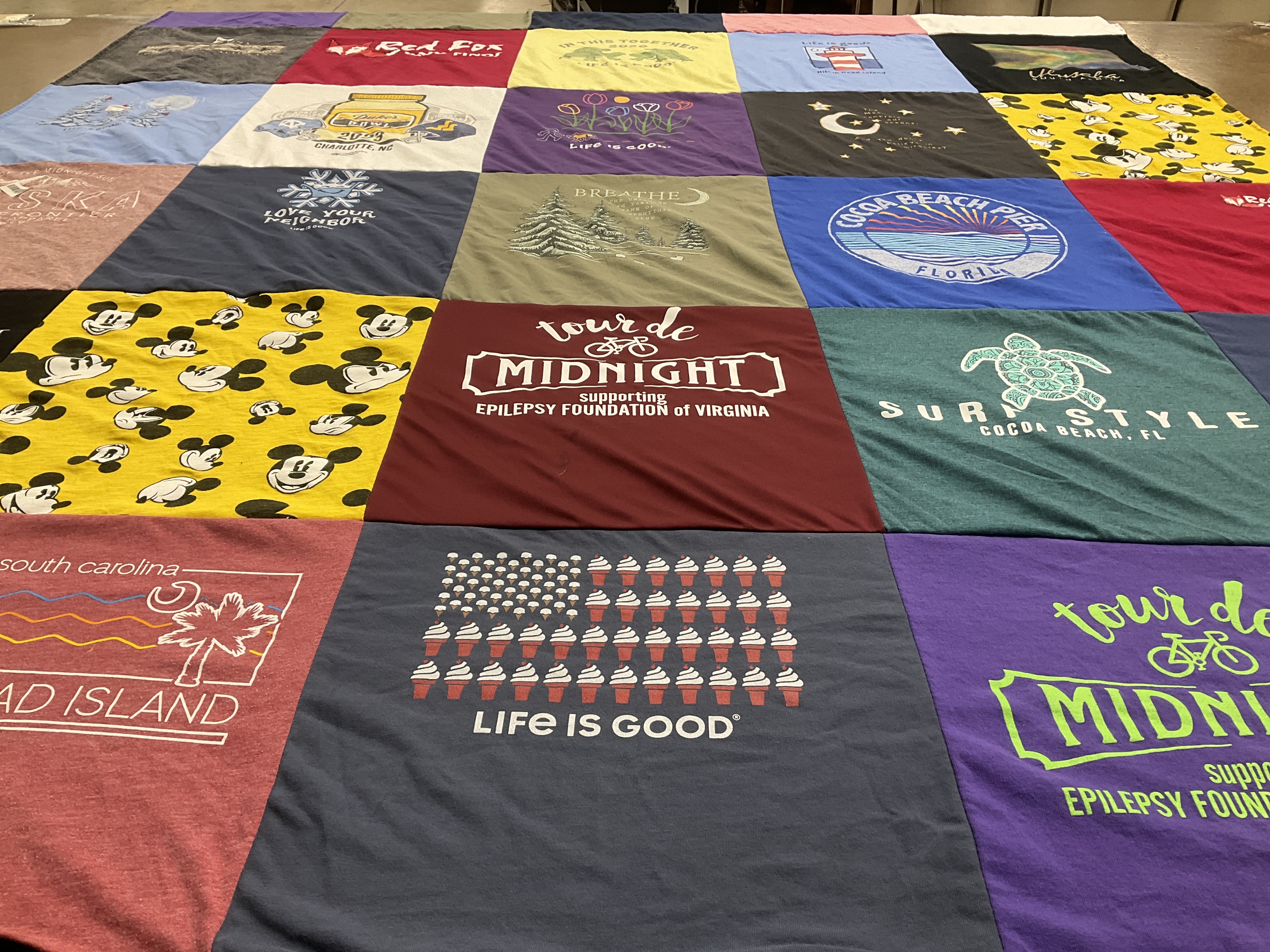 T-shirt quilt with epilepsy awareness, beach activities themes by Kris from VA