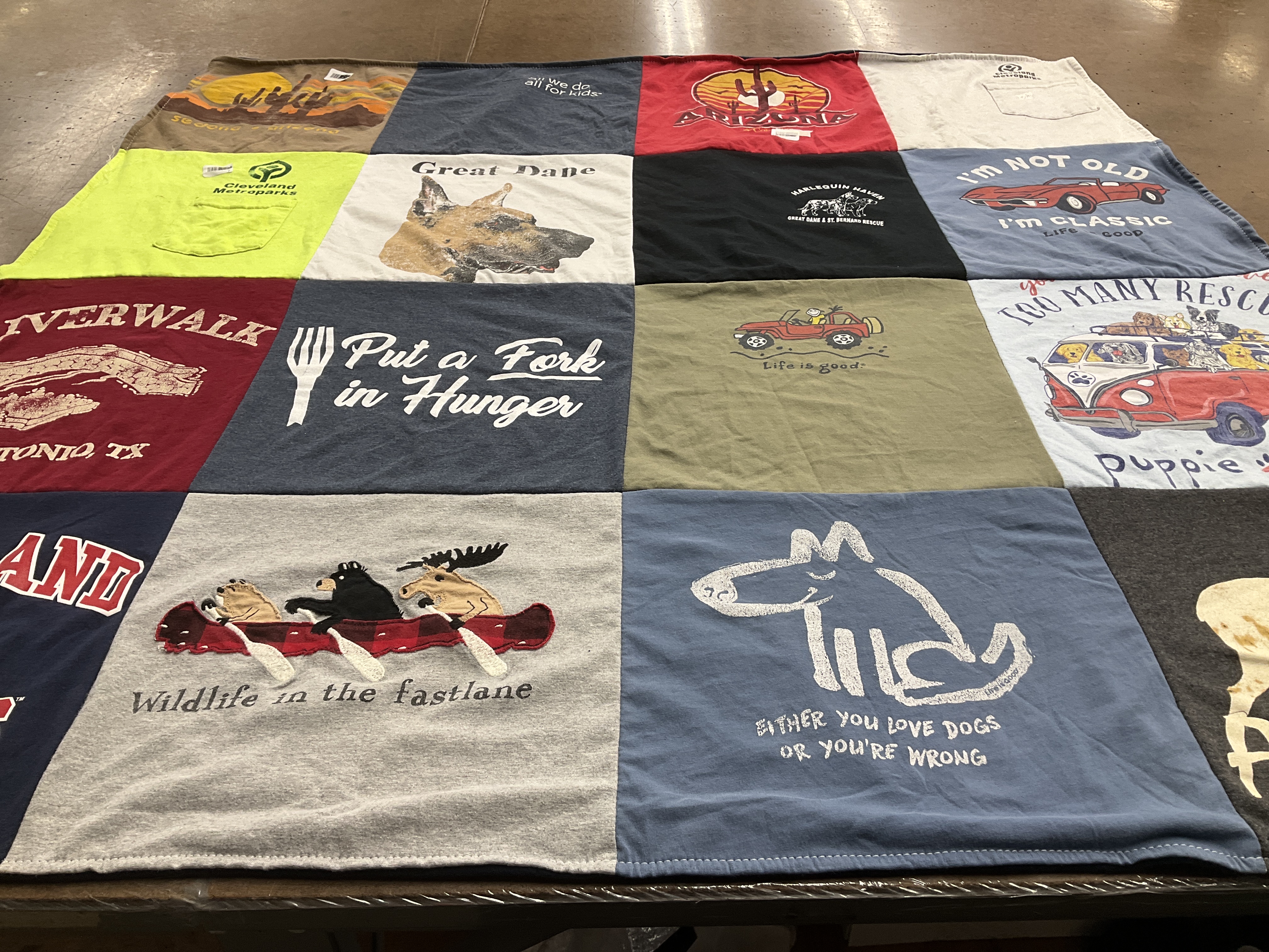 T-shirt quilt with dogs, animal rescue themes by Barbara from OH
