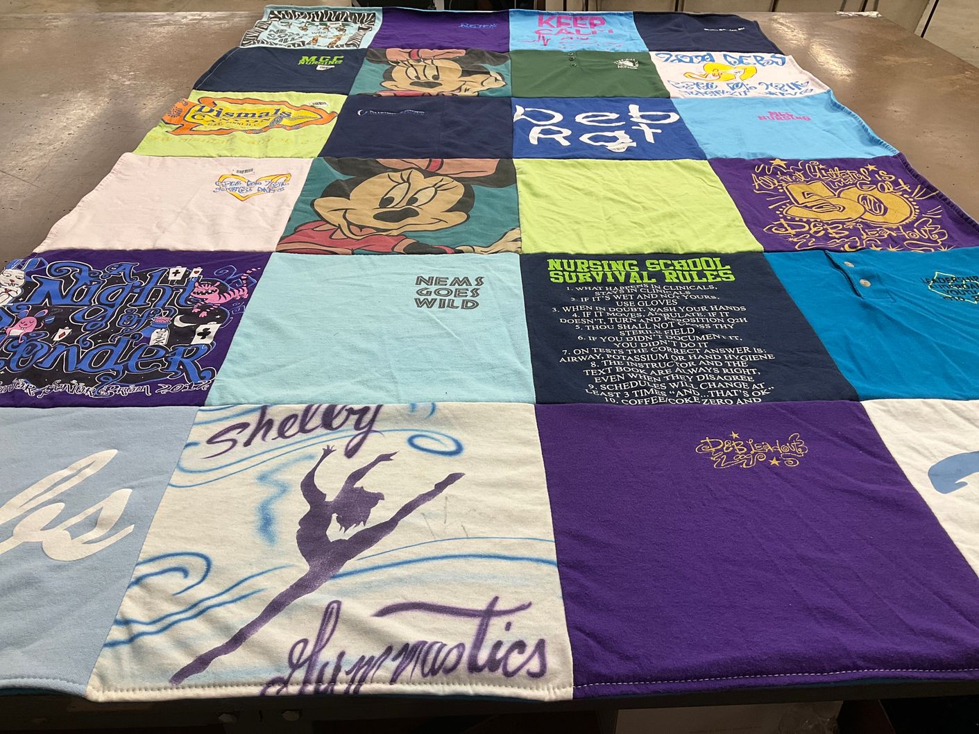 T-shirt quilt with nursing, gymnastics themes by Shelby from AL