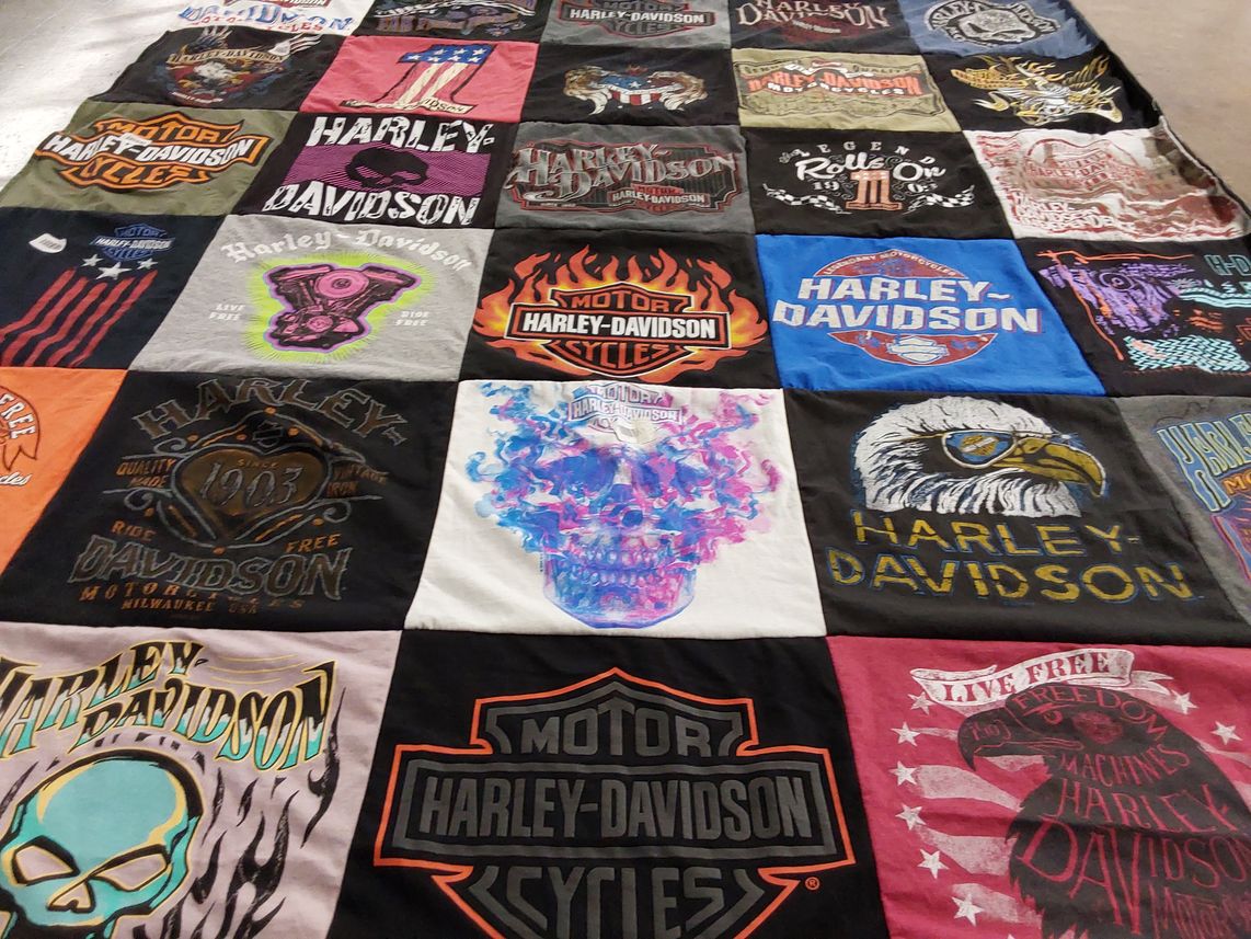 T-shirt quilt with motorcycles, biking themes by Erin from PA