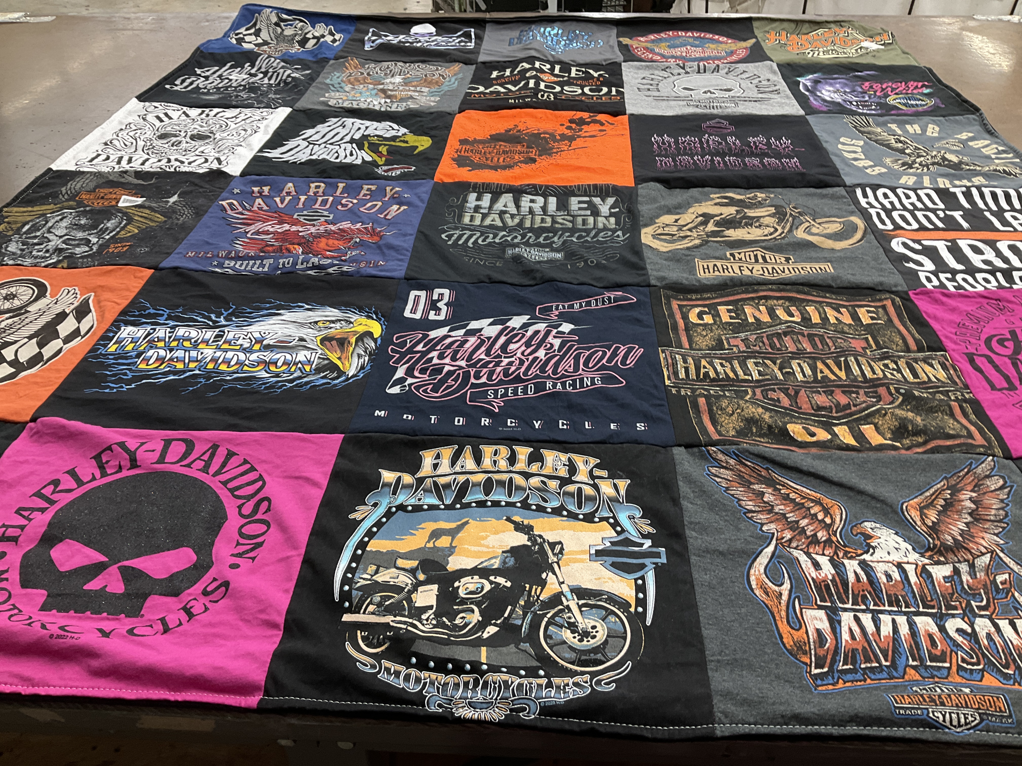 T-shirt quilt with motorcycles, biking themes by Erin from PA