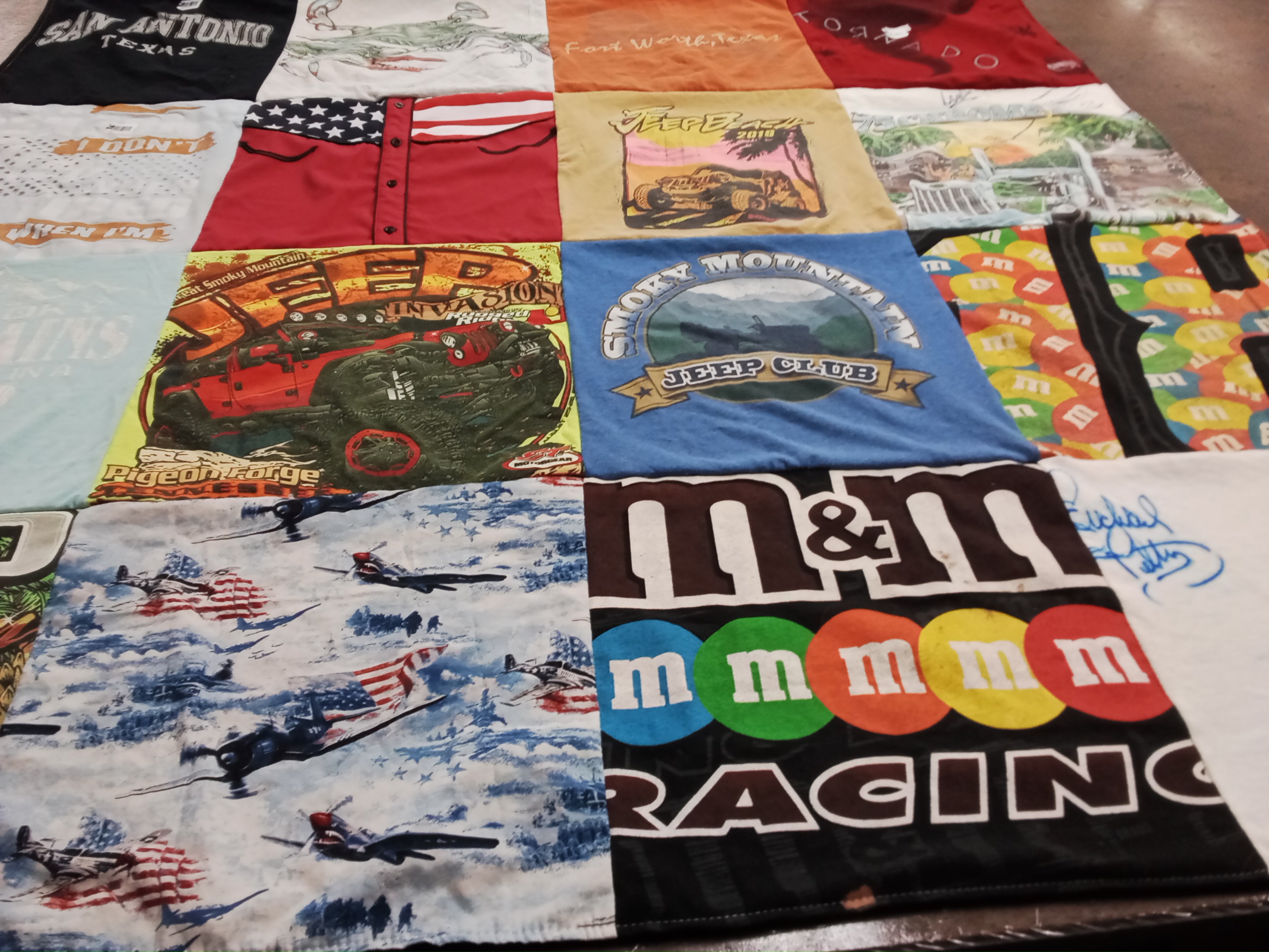 T-shirt quilt with jeep culture, racing themes by Shirley from FL