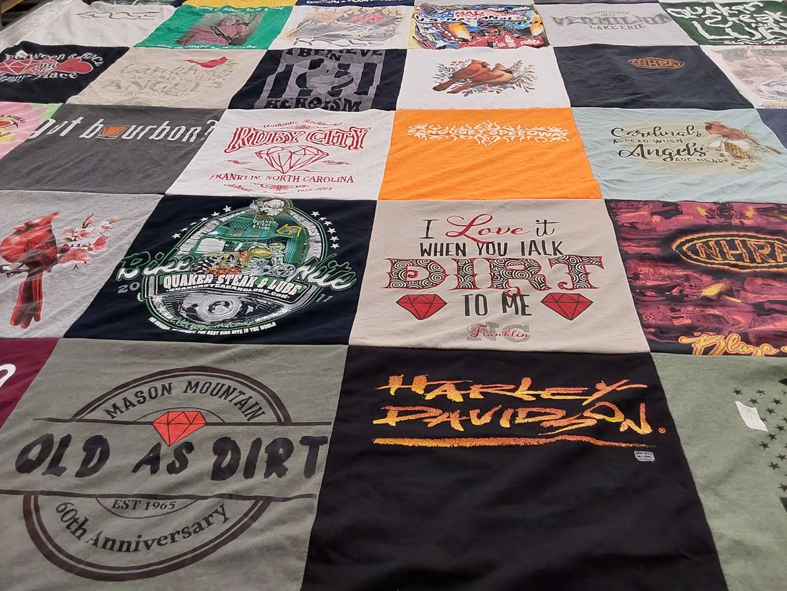T-shirt quilt with outdoors, motorcycles themes by Lynne from TN