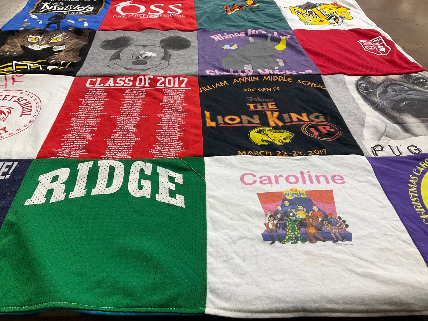 T-shirt quilt featuring oak street school by Jennifer from NJ
