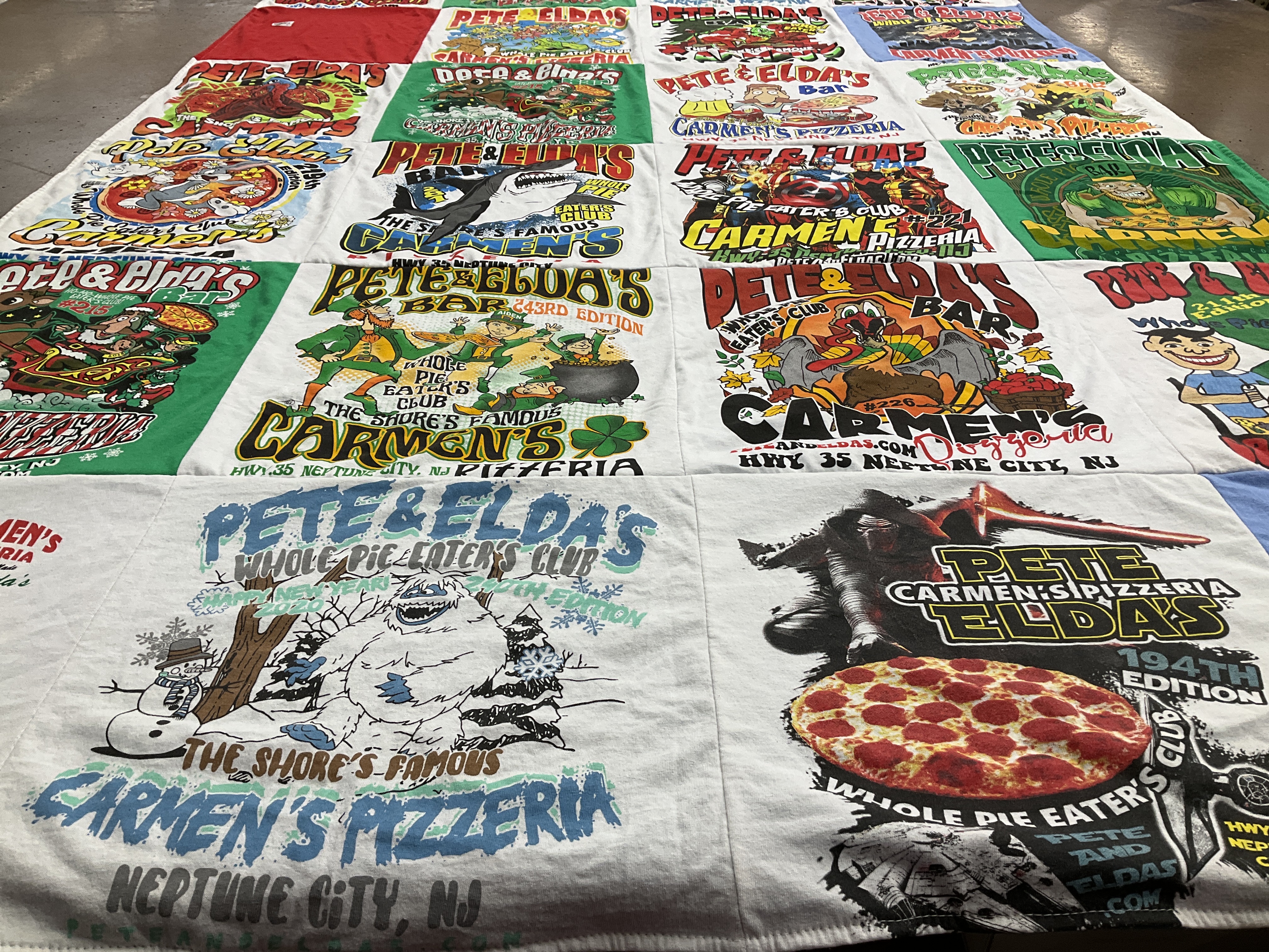 T-shirt quilt with pizza, food themes by Holly from FL