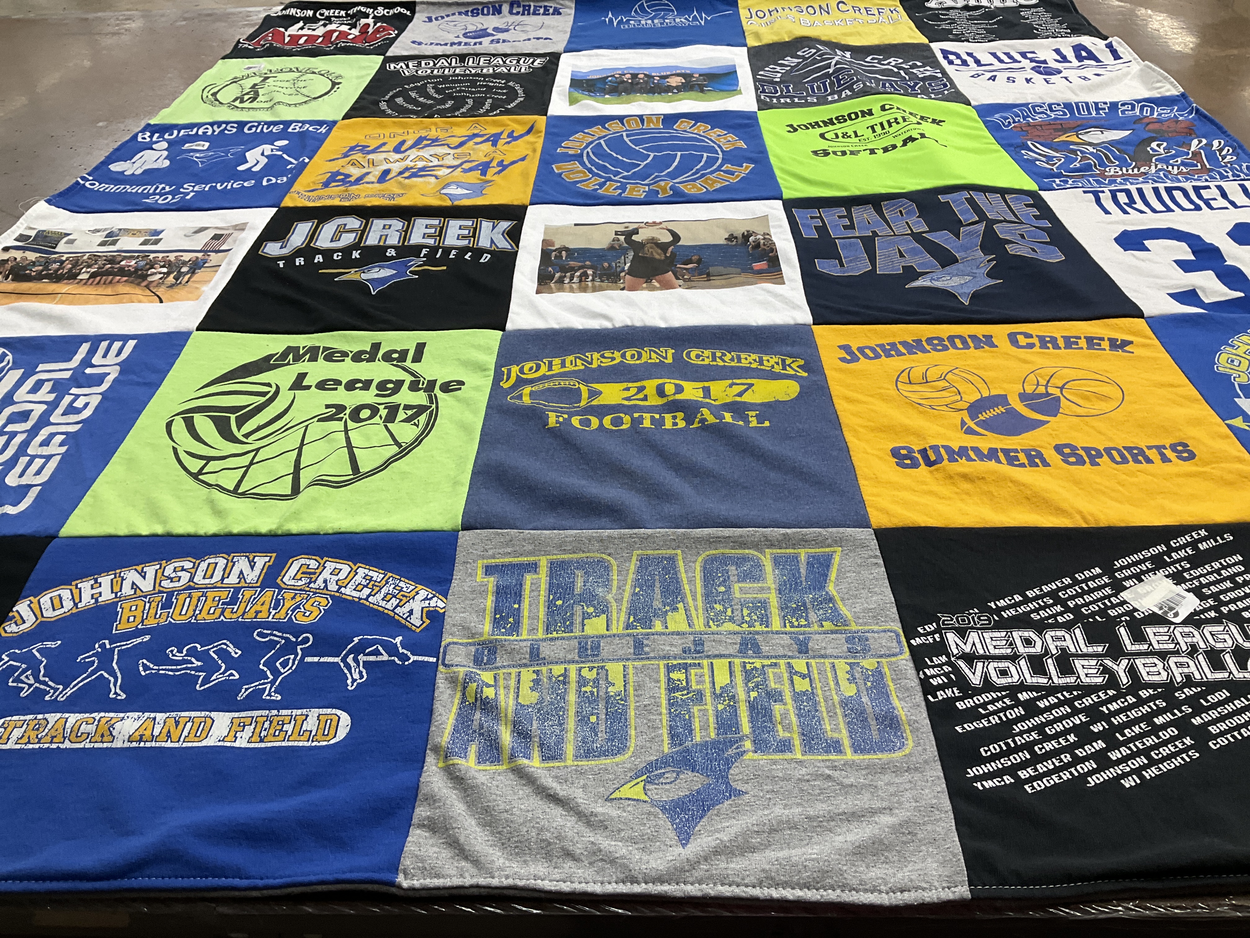 T-shirt quilt featuring johnson creek bluejays, johnson creek football by Grace from WI