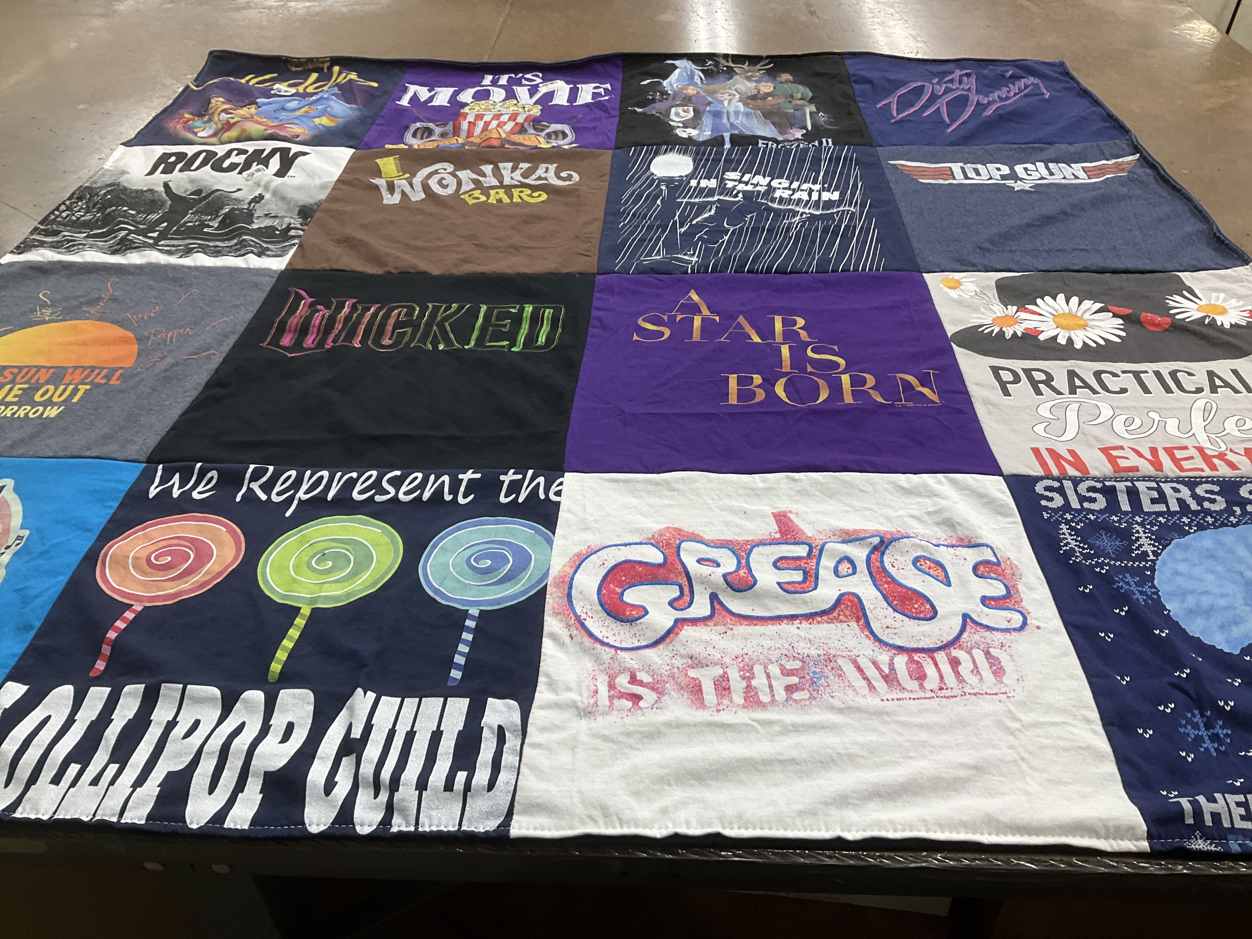 T-shirt quilt with musicals, movies themes by Peggy from CO