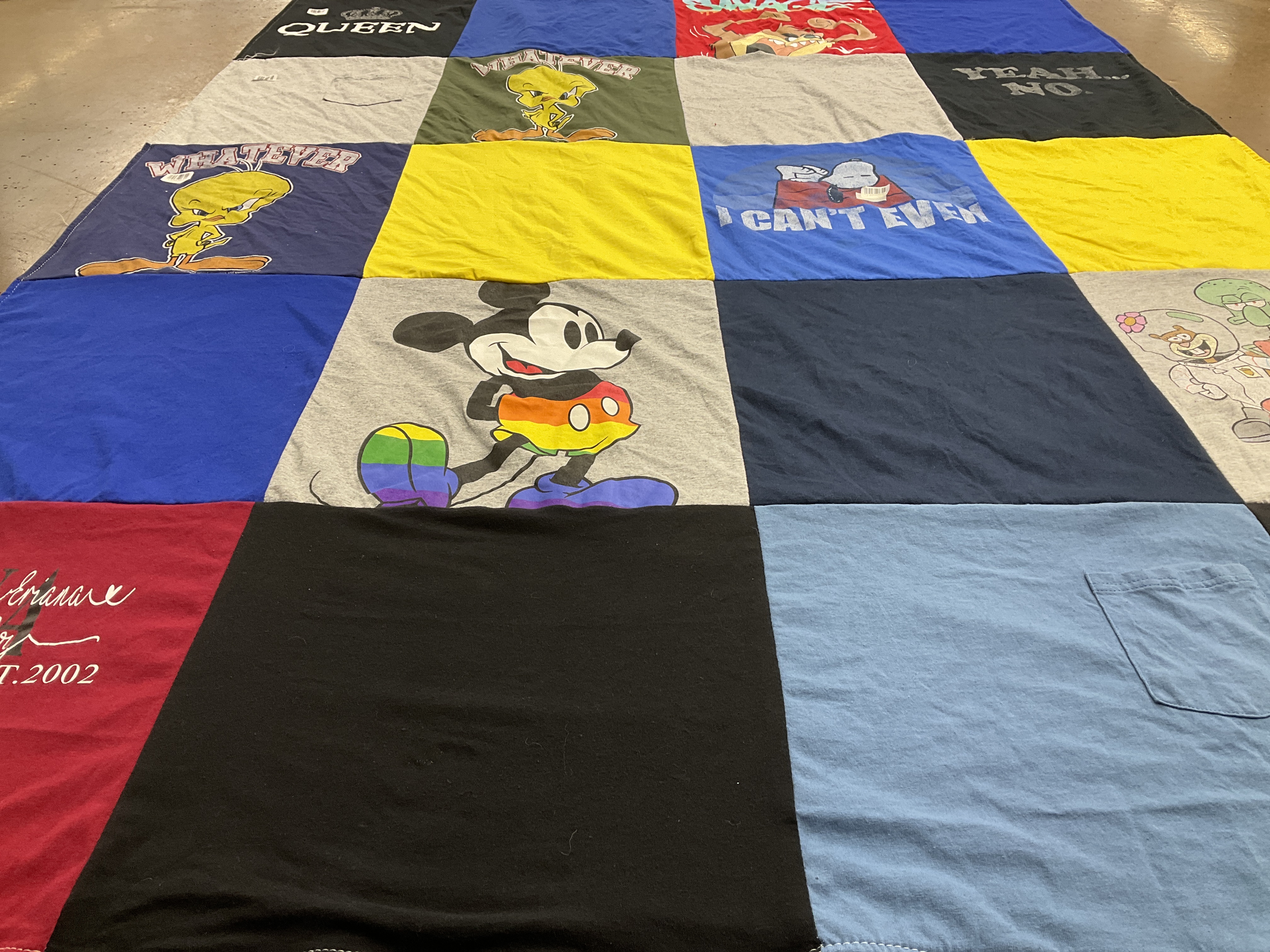 T-shirt quilt with animated characters, humor themes by Linda from NY