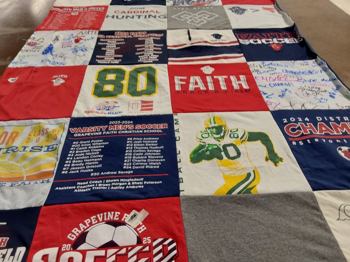 T-shirt quilt featuring grapevine faith men's soccer by Dori from TX