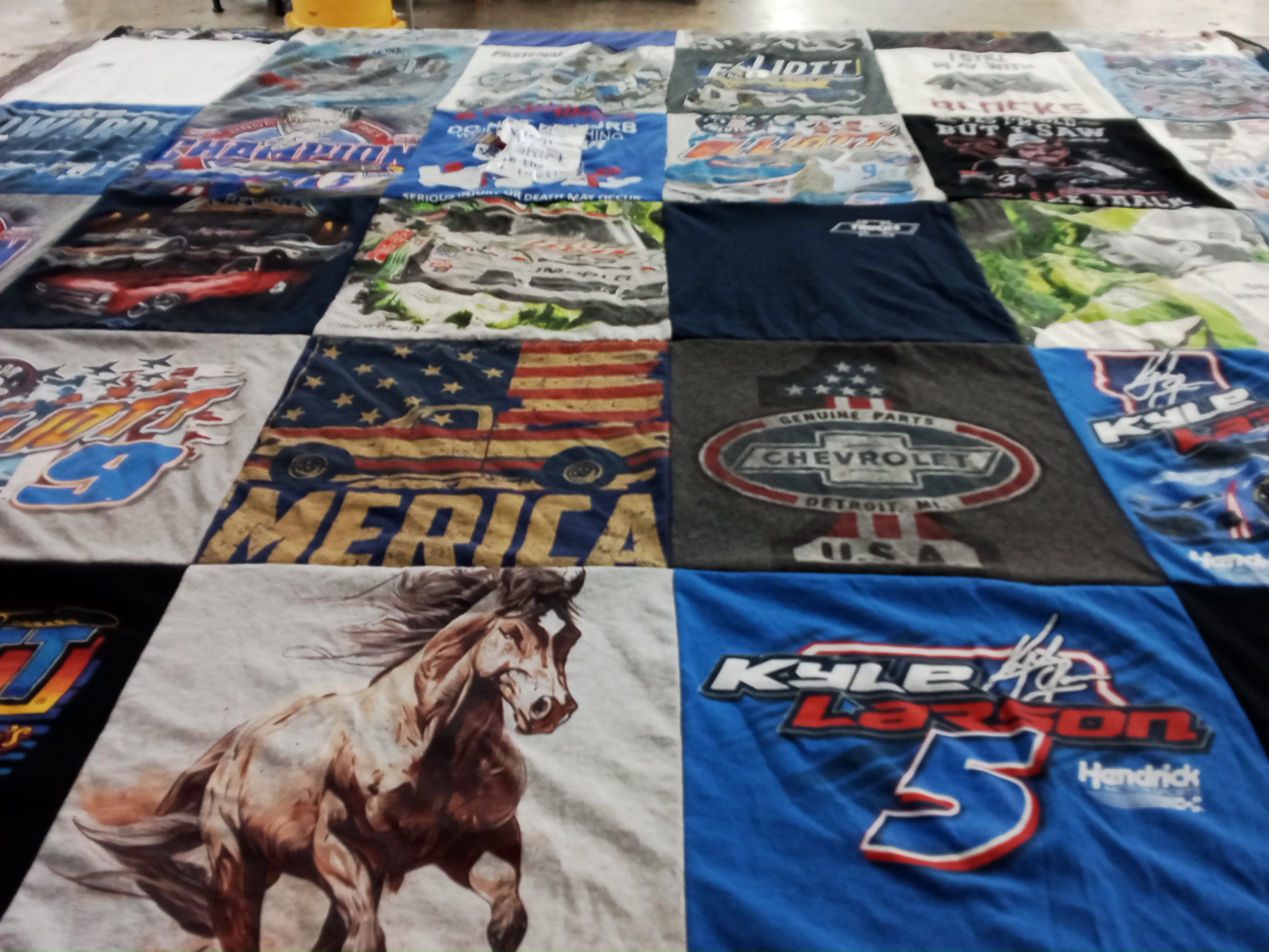 T-shirt quilt with nascar, cars themes by Sarah from AZ