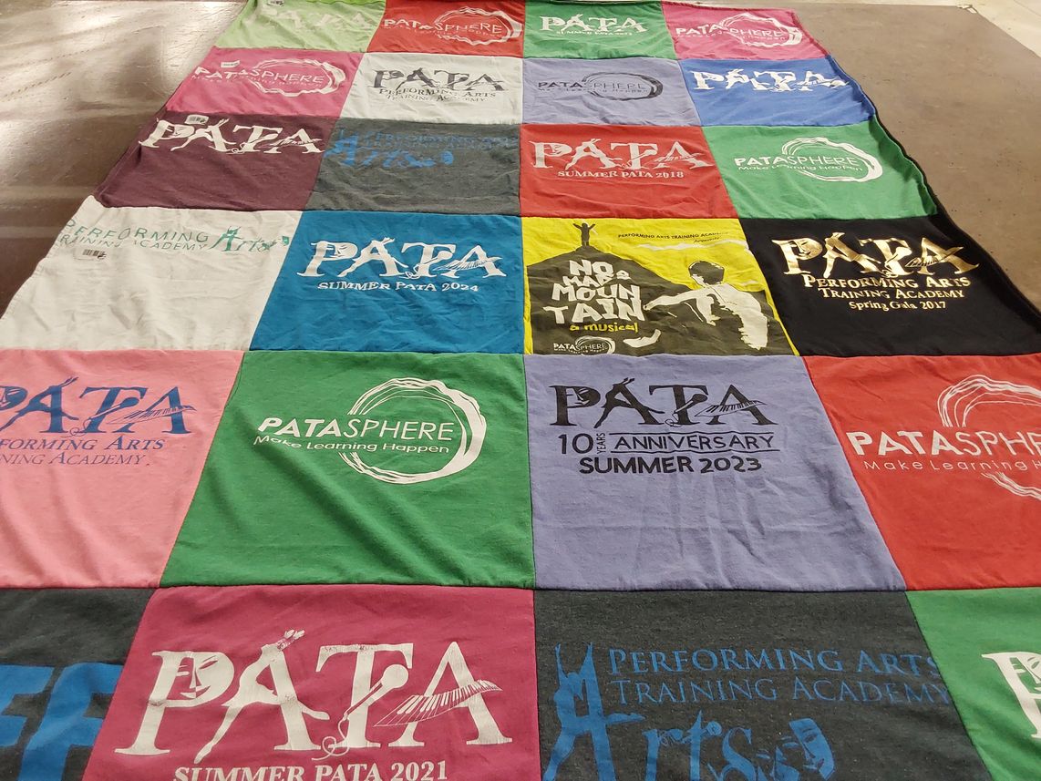 T-shirt quilt with performing arts, musical theatre themes by Claudia from NY