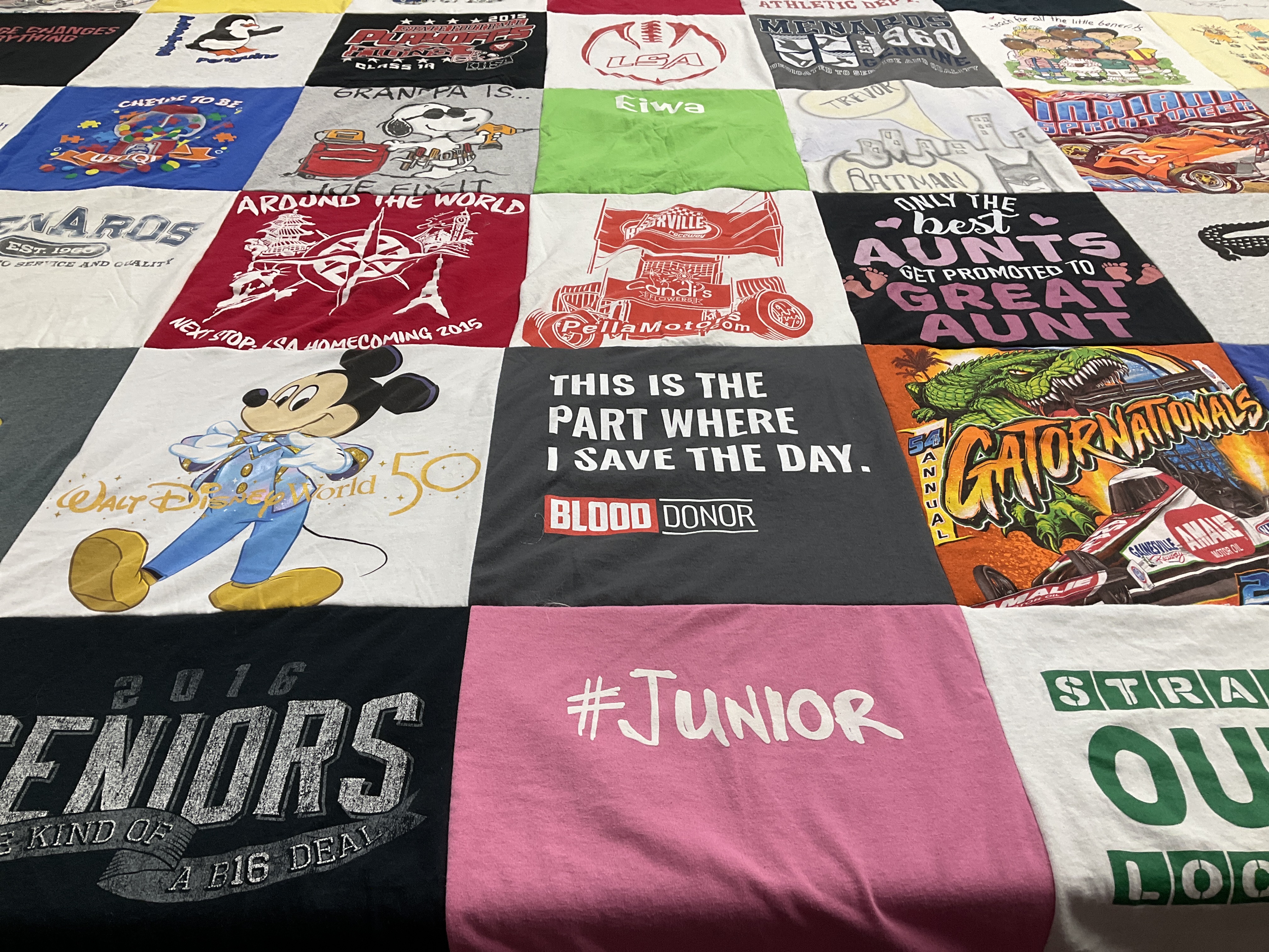 T-shirt quilt with disney, racing themes by Lori from IL