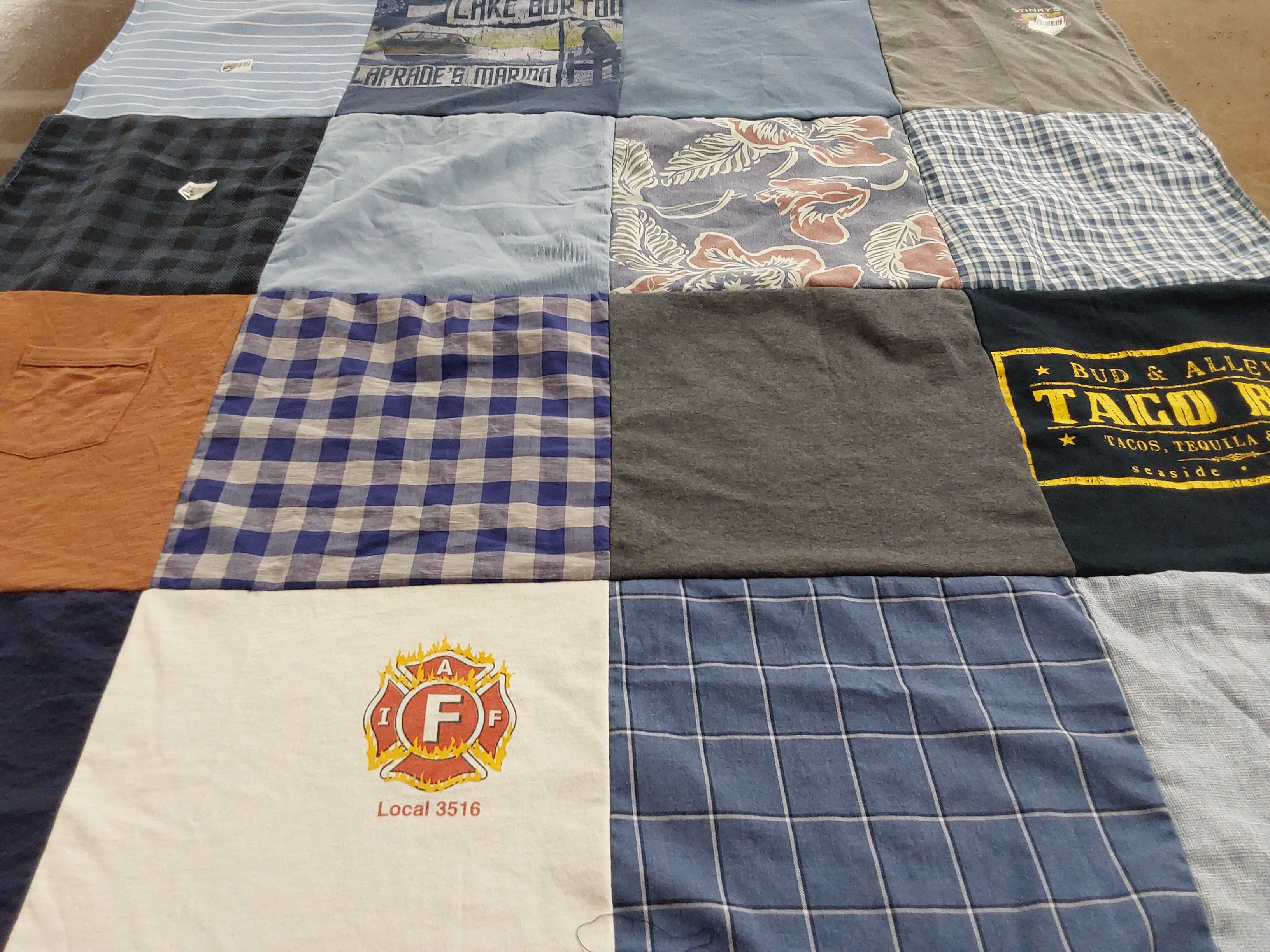 T-shirt quilt with firefighting, cooking themes by elizabeth from GA