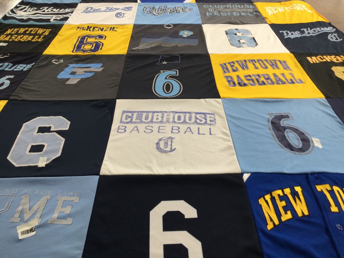 T-shirt quilt with sports, baseball themes by Trish from CT