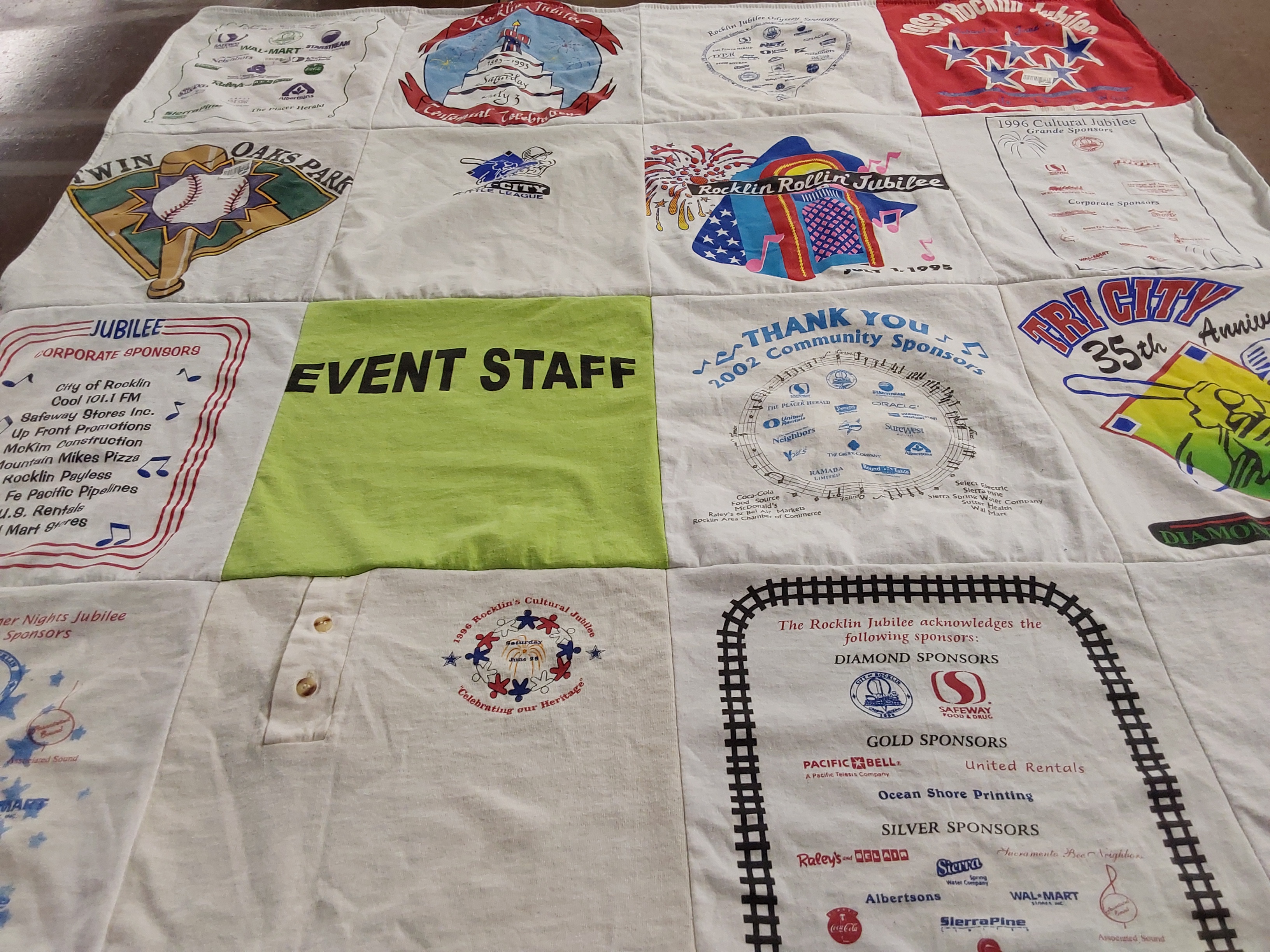 T-shirt quilt with events, community themes by Shari from CA