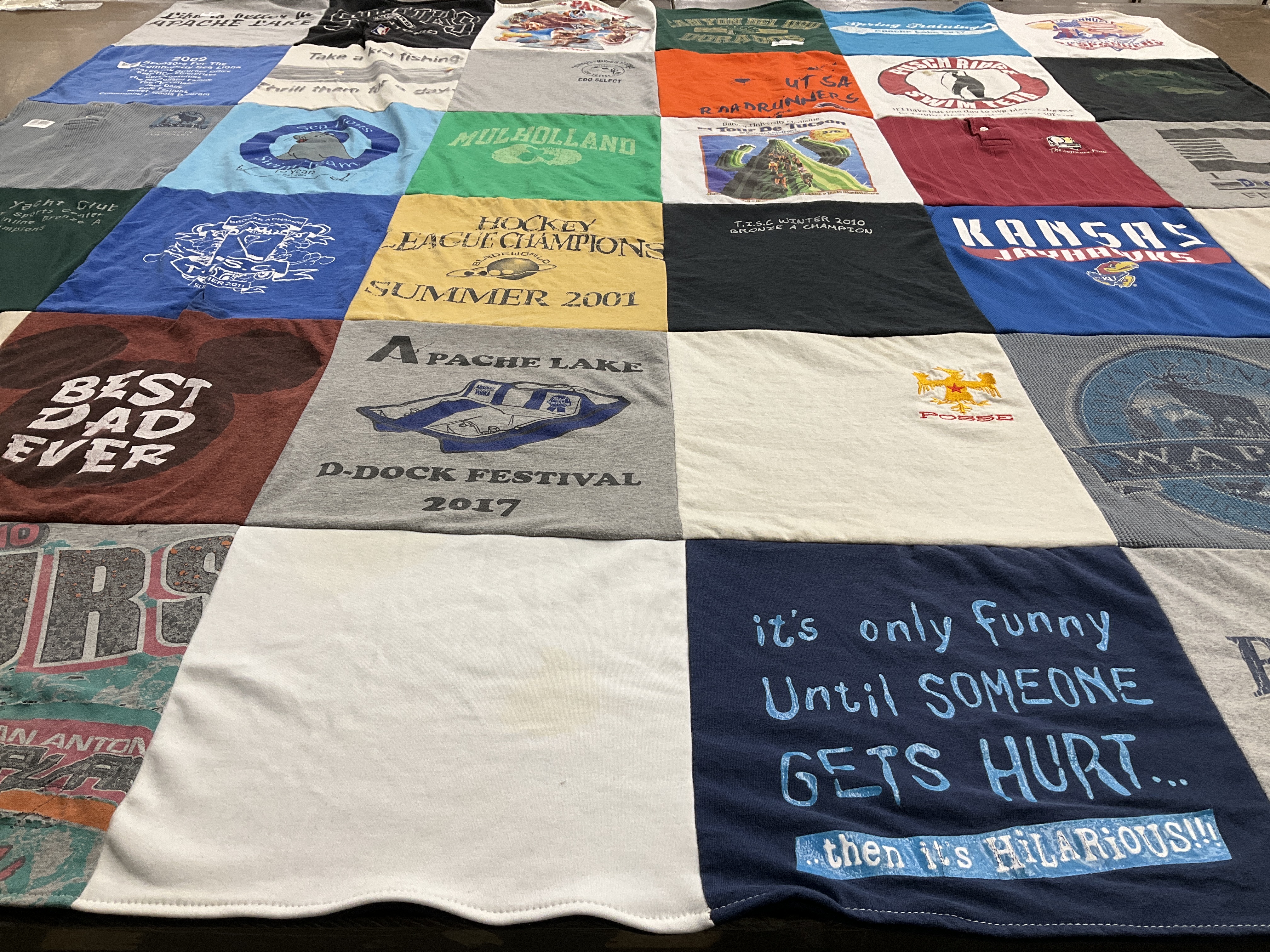 T-shirt quilt featuring utsa roadrunners, kansas jayhawks by Carol from AZ