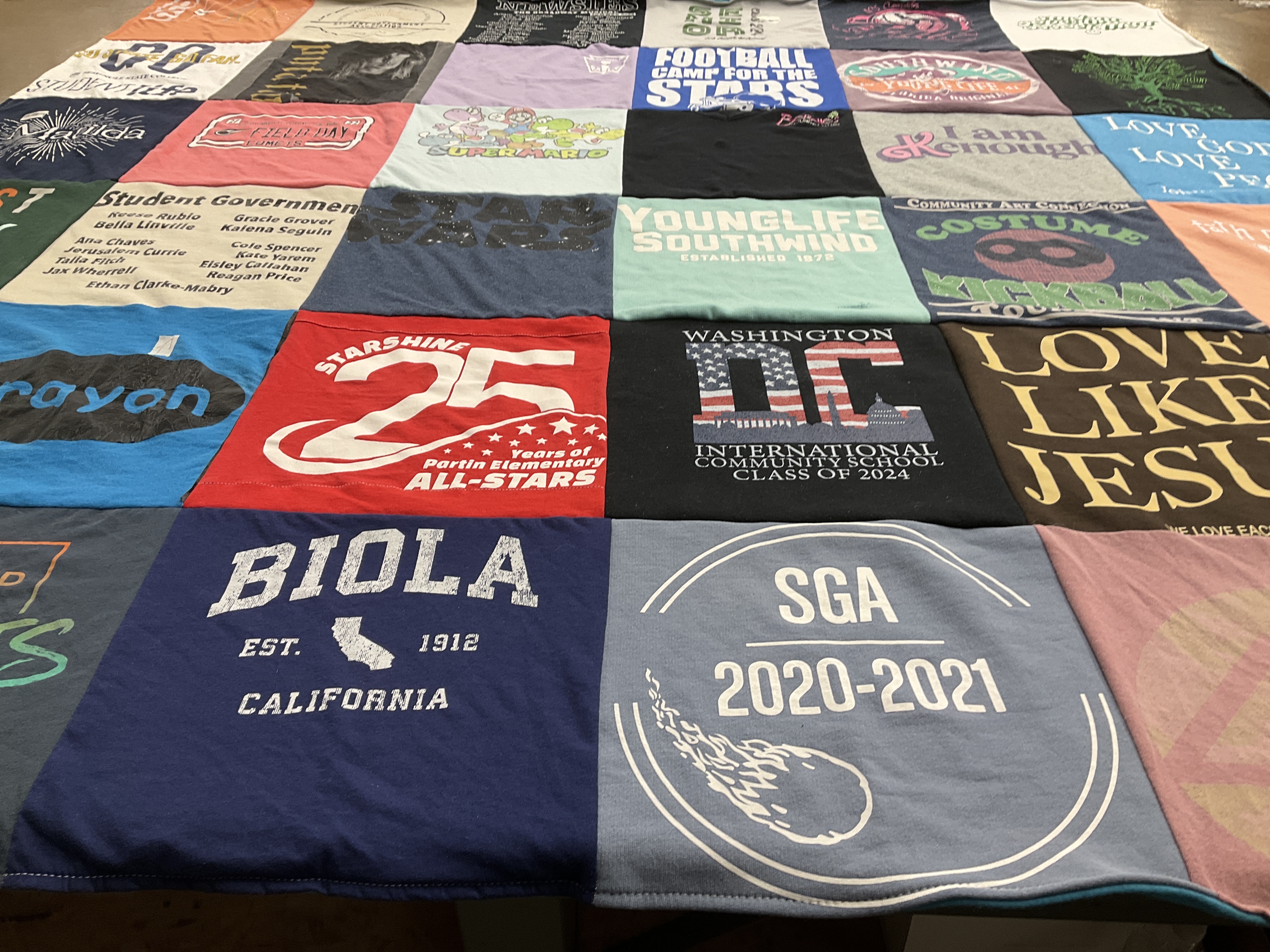 T-shirt quilt from biola university, international community school by Becky from FL
