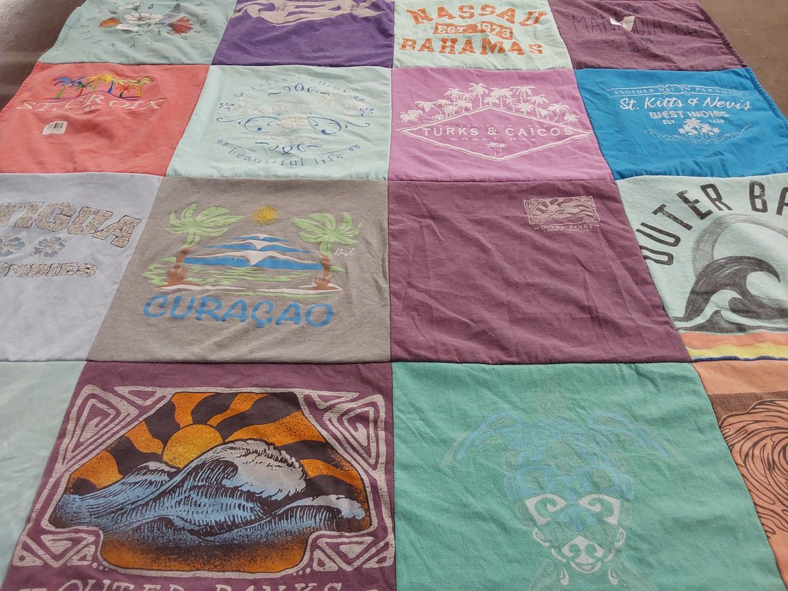 T-shirt quilt with travel, beaches themes by Lauri from IN