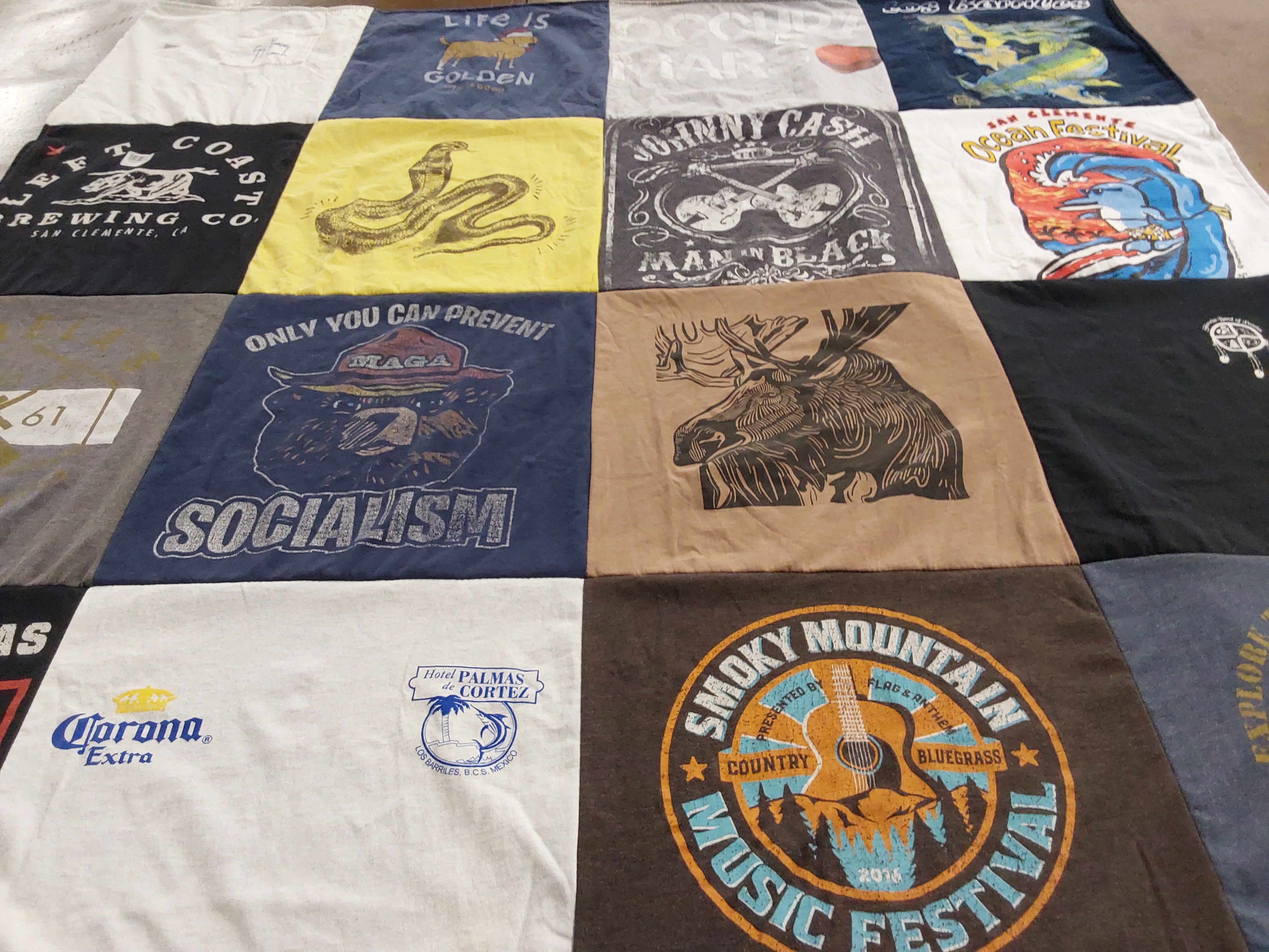 T-shirt quilt with brewing, music themes by Laura from UT