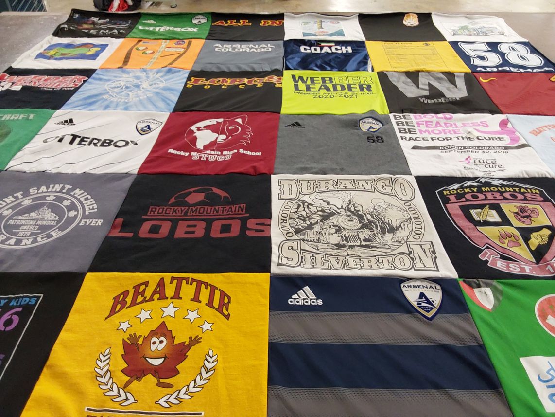 T-shirt quilt featuring arsenal football club, rocky mountain high school lobos by Vanessa from CO