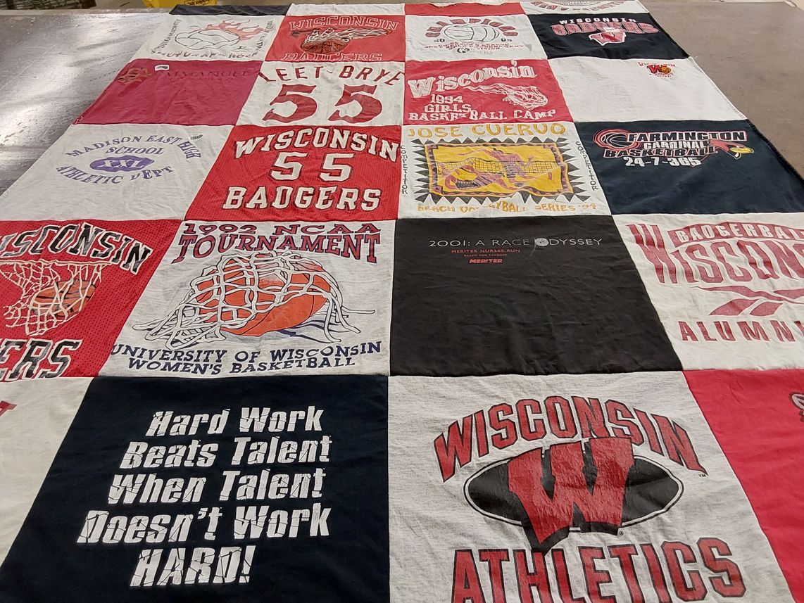 T-shirt quilt featuring wisconsin badgers, wisconsin women's basketball by Rebecca from AR