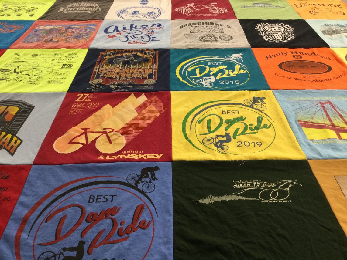 T-shirt quilt with cycling, biking themes by Kathy from GA