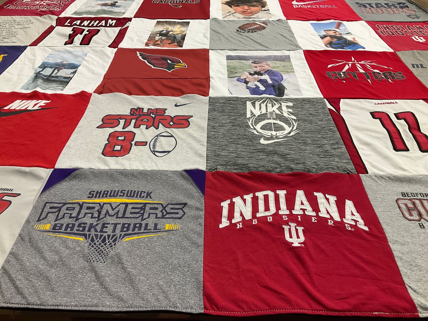 T-shirt quilt featuring cardinals, farmers by Barbara from IN