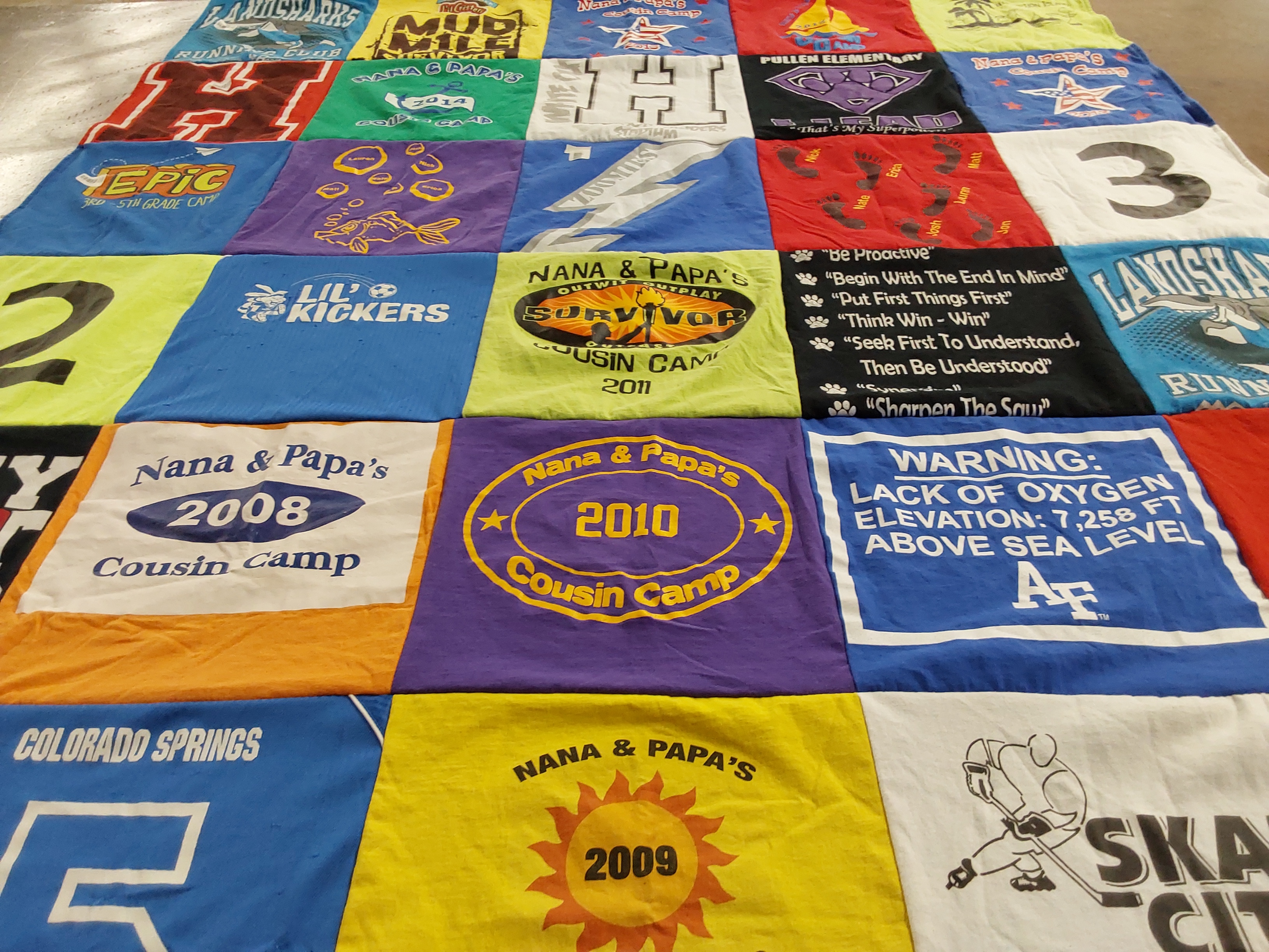 T-shirt quilt with camping, outdoor activities themes by Steve from AR