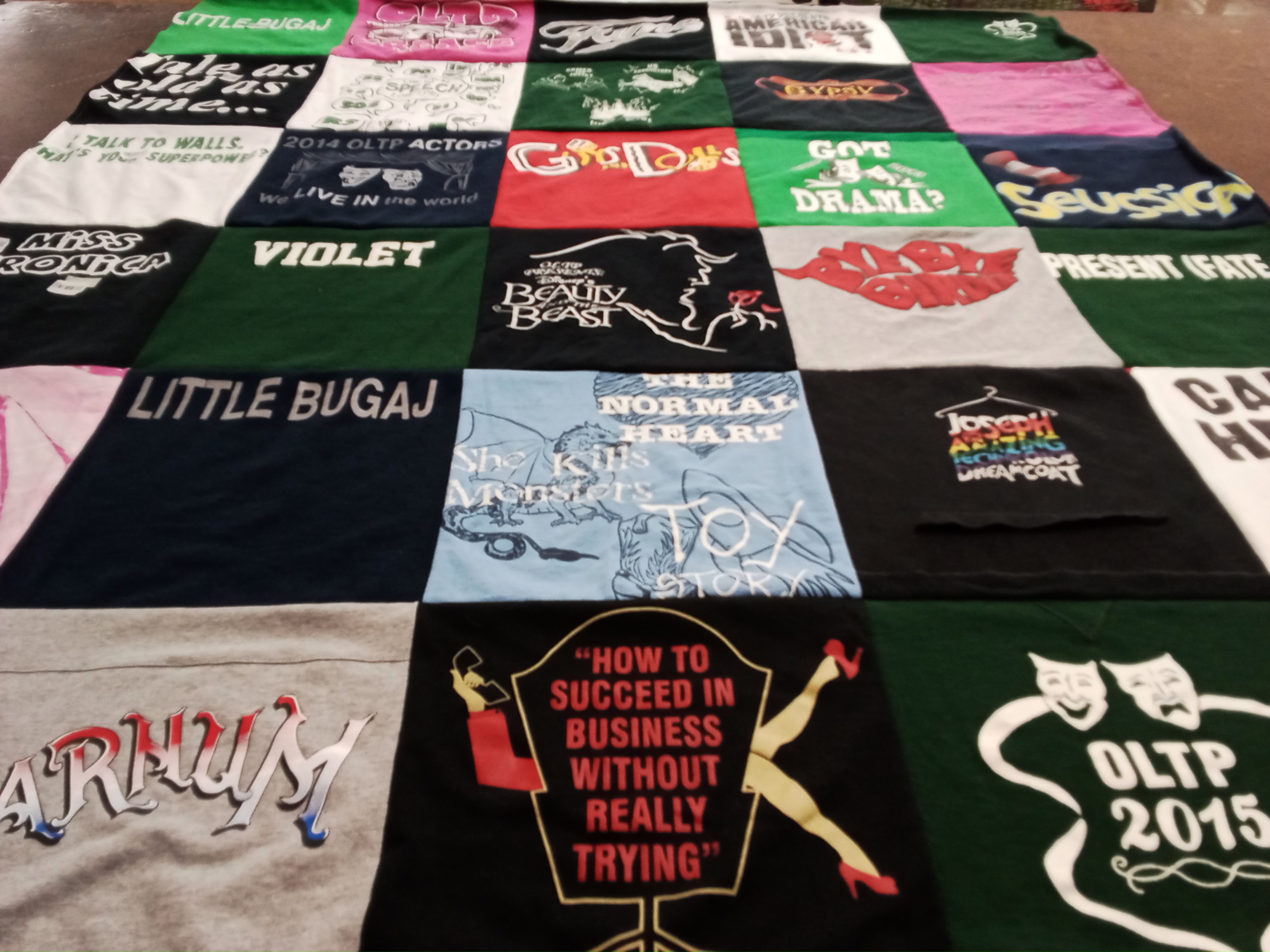 T-shirt quilt with theater, musicals themes by loretta from IL