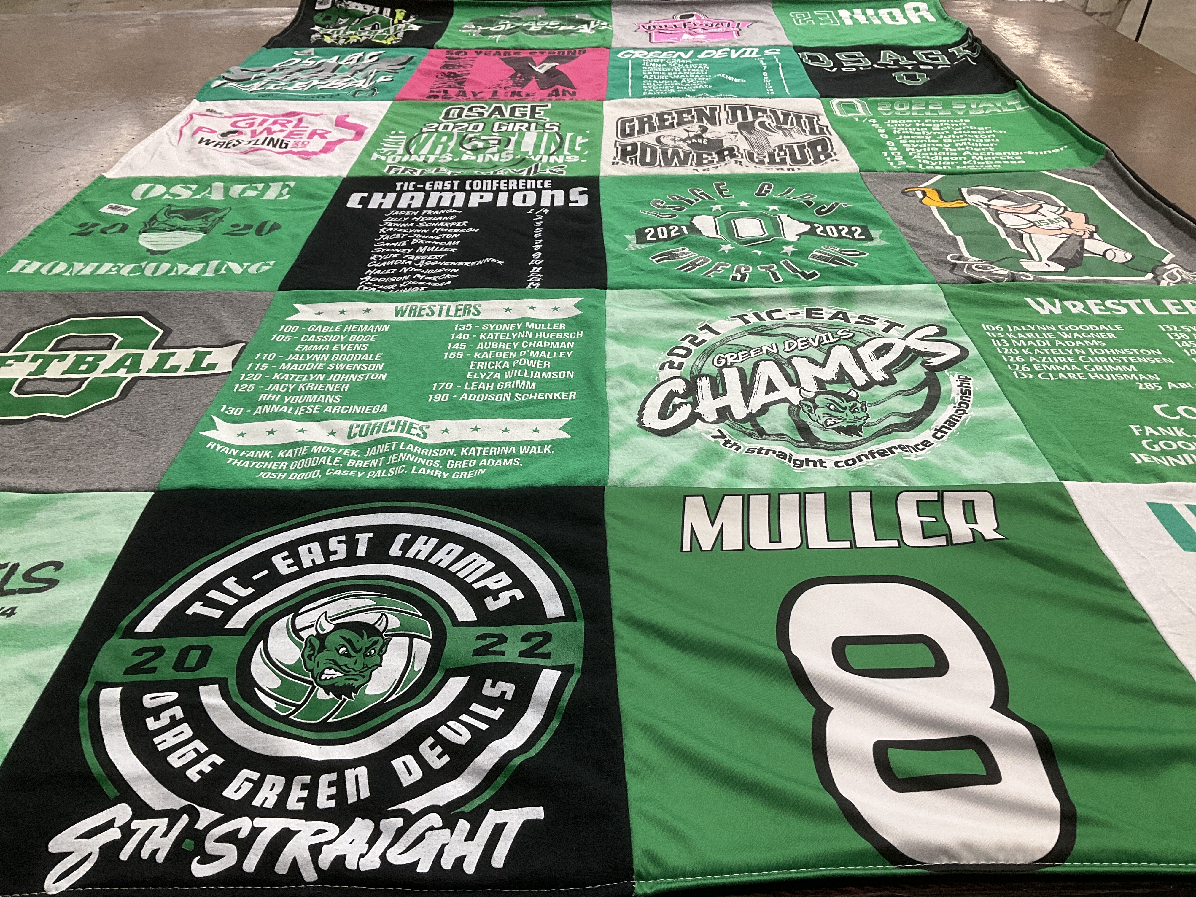 T-shirt quilt featuring osage green devils by Jackie from IA
