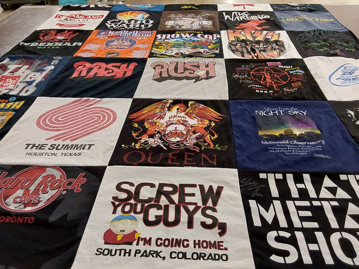 T-shirt quilt with music, astronomy themes by Andrew from TX