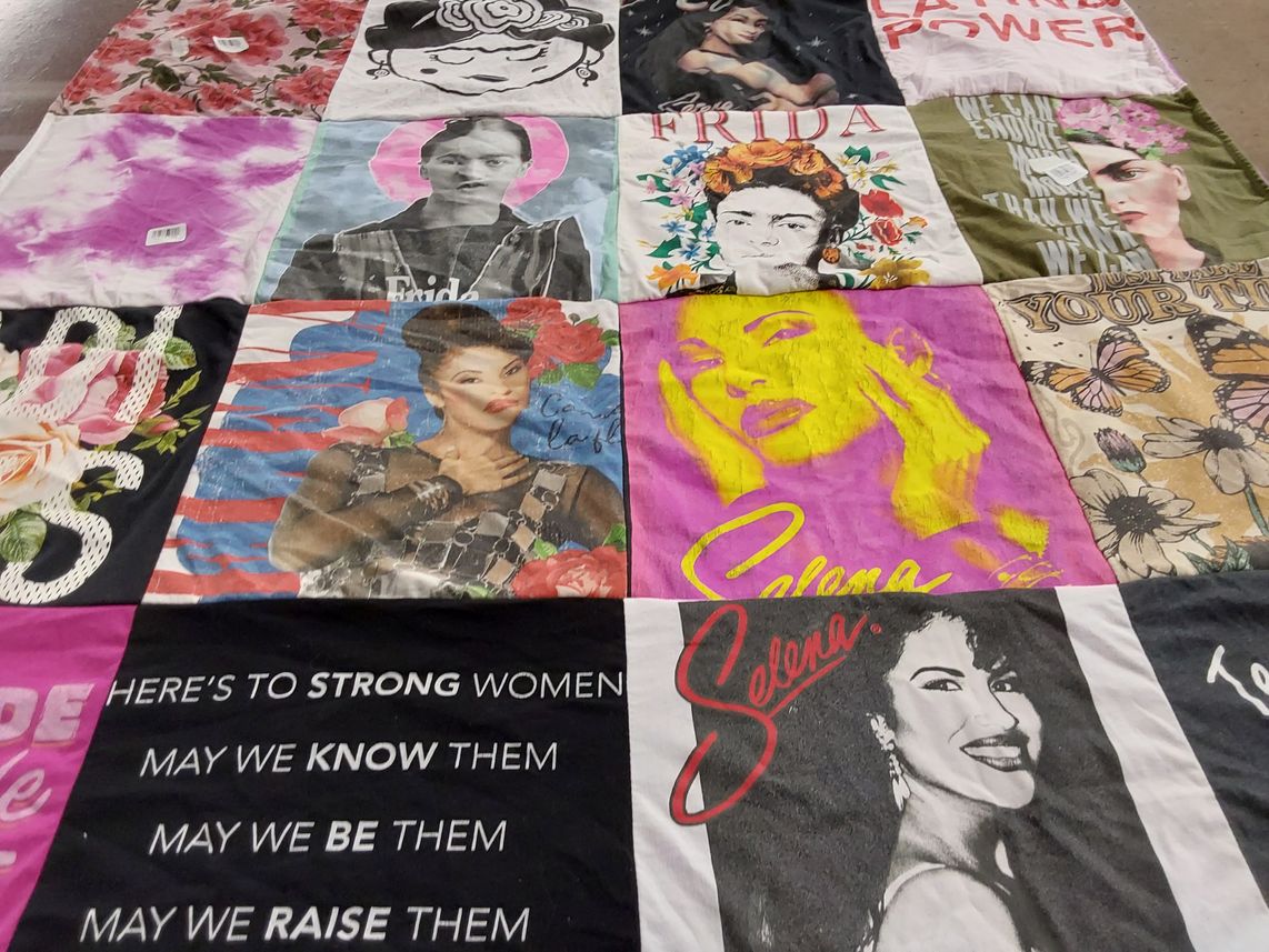 T-shirt quilt with art, feminism themes by Lourdes from NE