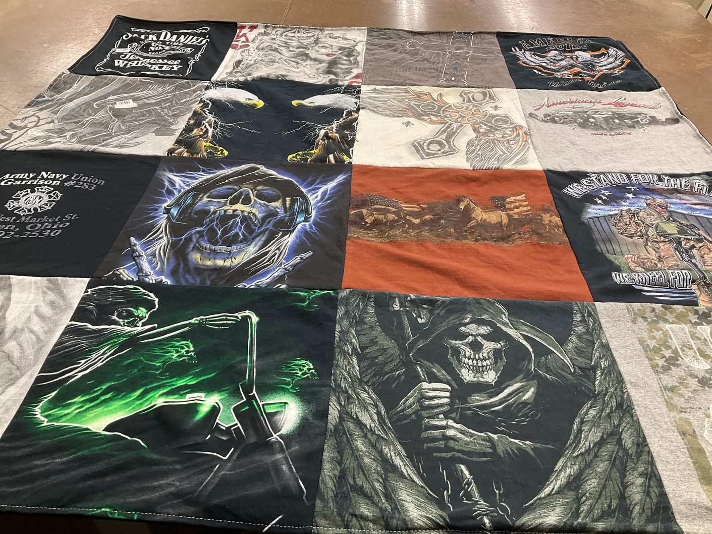 T-shirt quilt with motorcycles, music themes by Melinda from OH