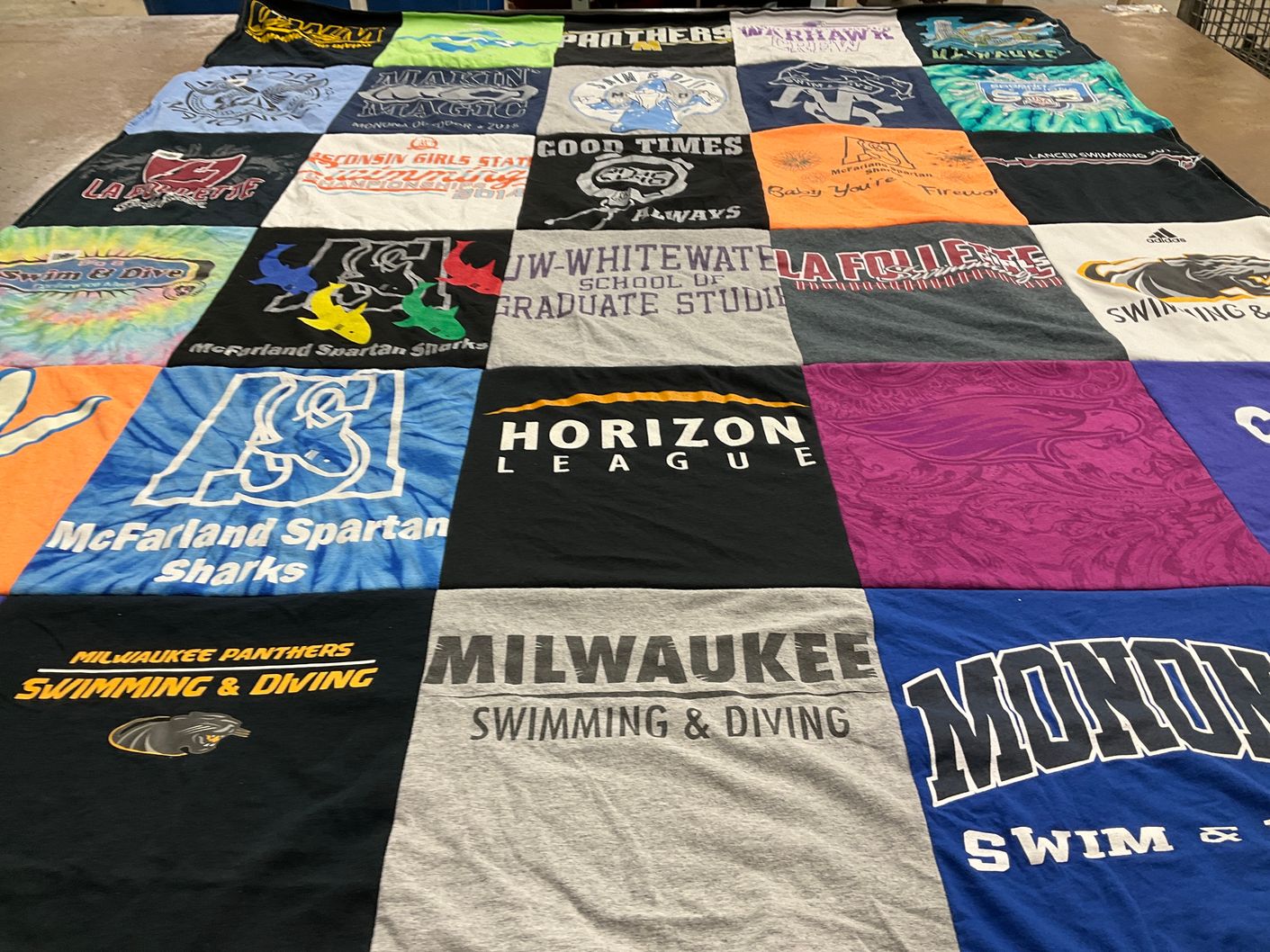 T-shirt quilt featuring milwaukee panthers swimming and diving, mcfarland spartan sharks by Kristin from WI