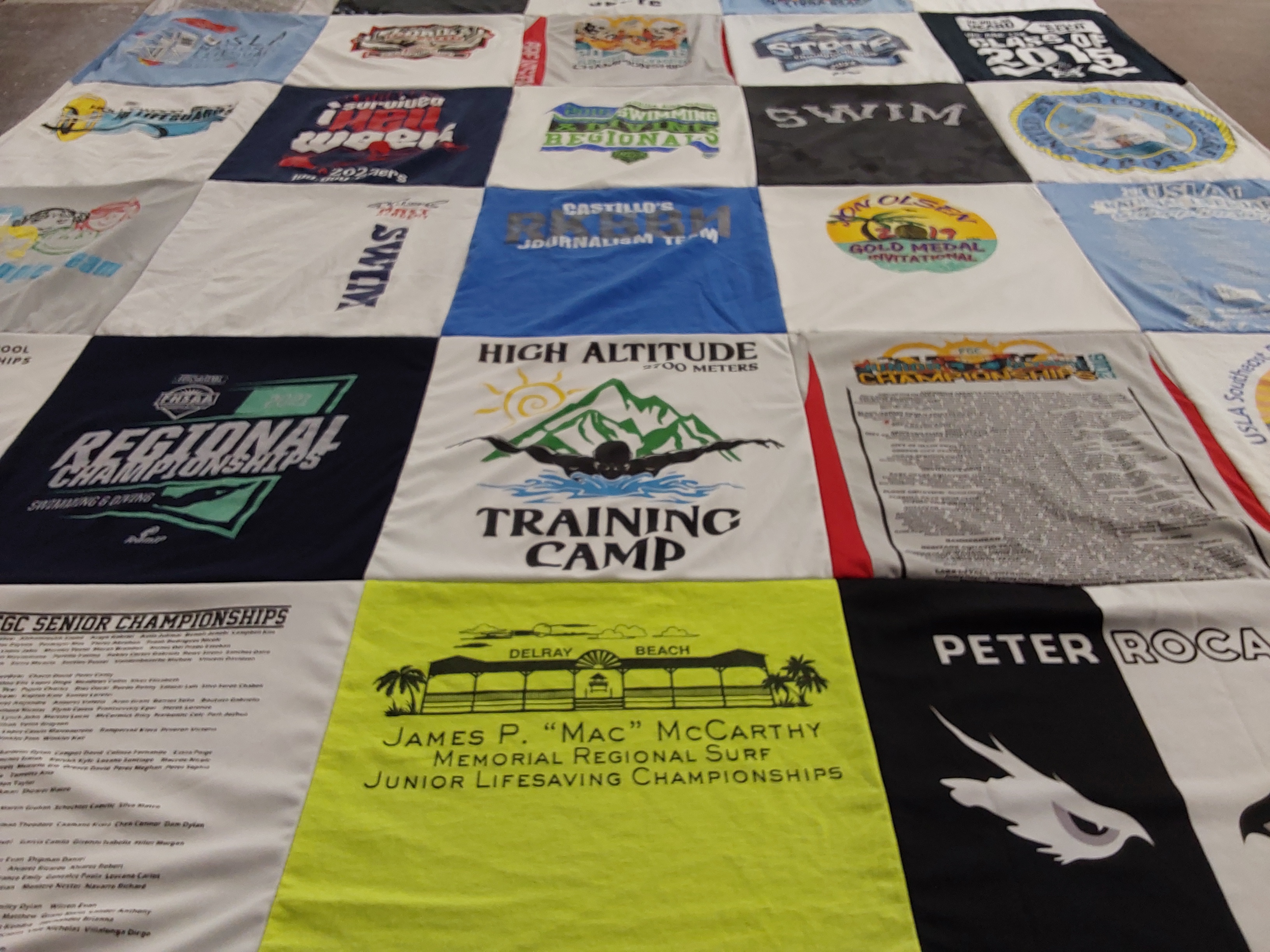 T-shirt quilt with swimming, lifesaving themes by Rita from FL