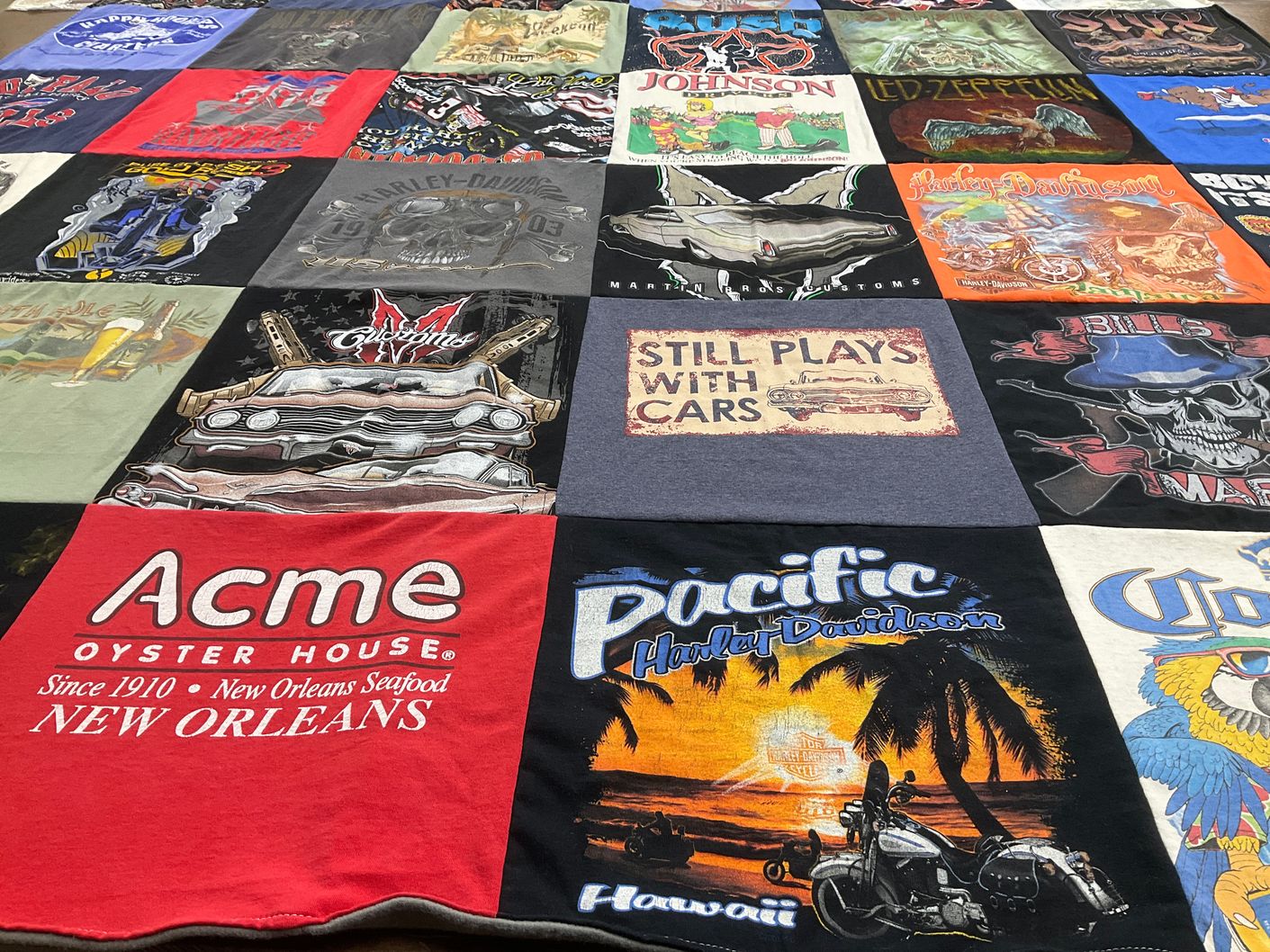T-shirt quilt with motorcycles, cars themes by Patricia from NC