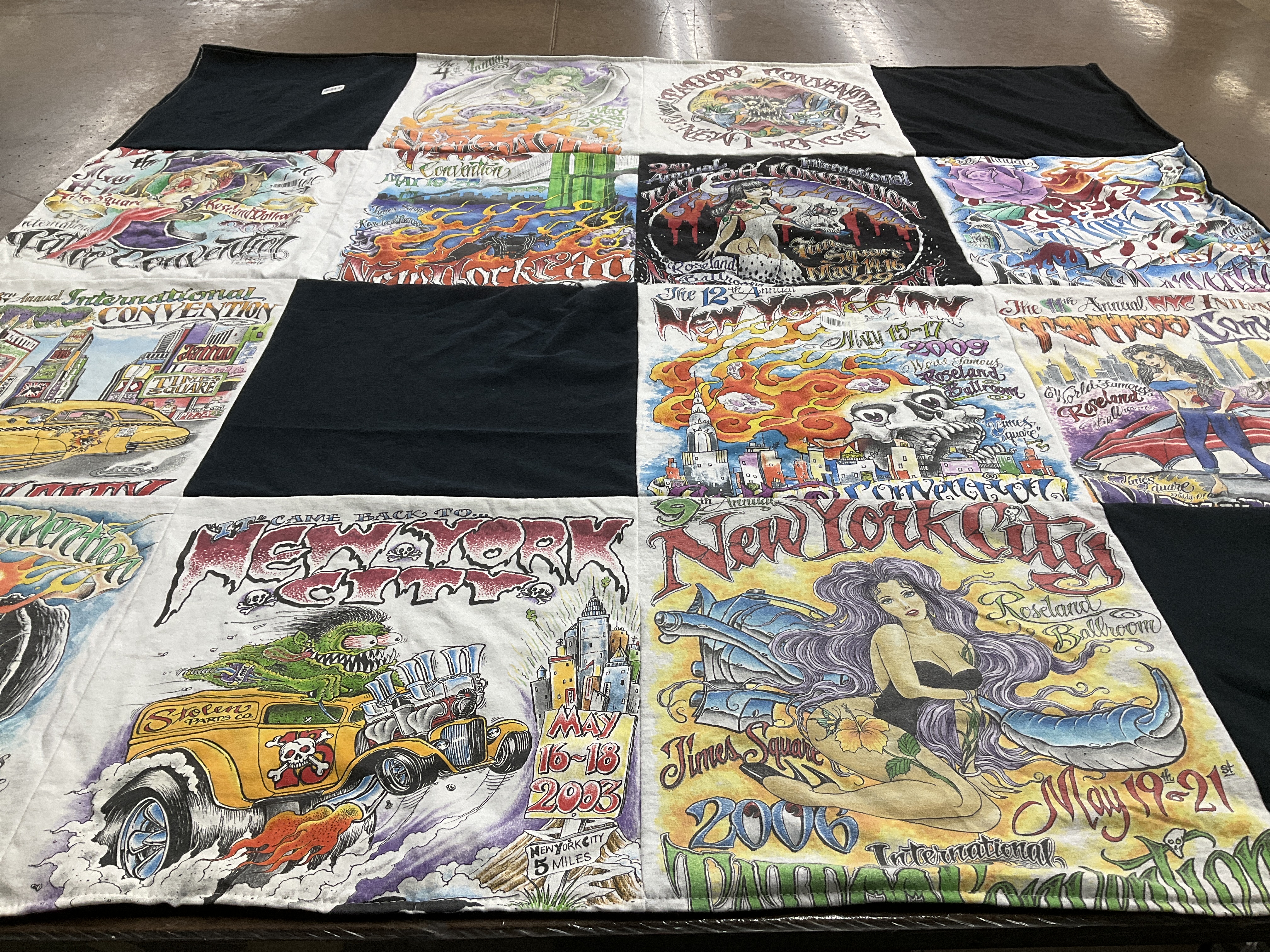 T-shirt quilt with tattoos, conventions themes by David from NY