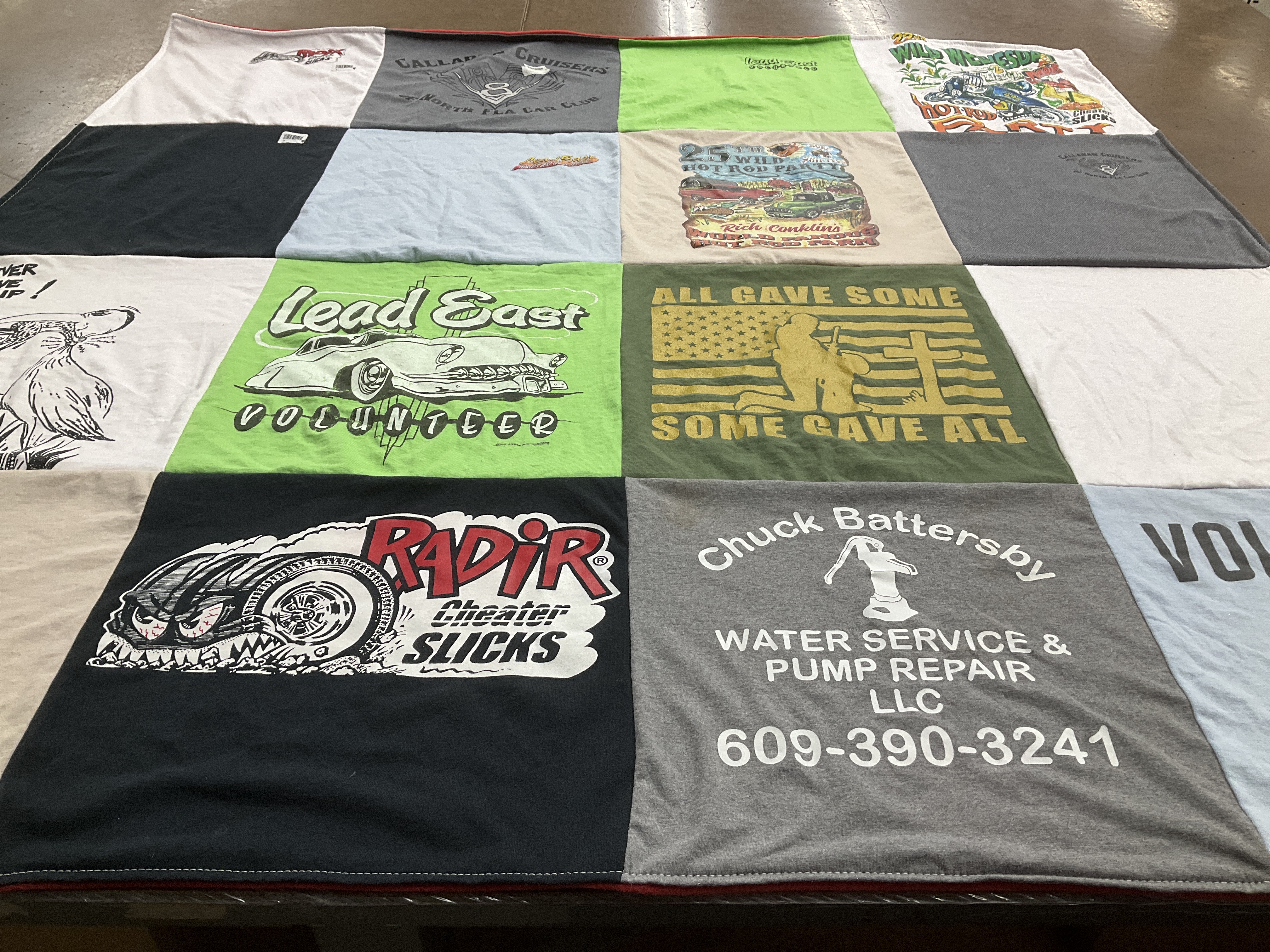 T-shirt quilt with classic cars, volunteering themes by Jamie from NJ