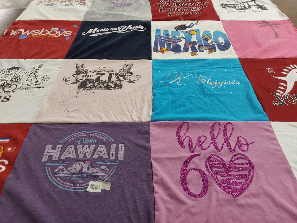 T-shirt quilt with music, volunteering themes by Fran from TX