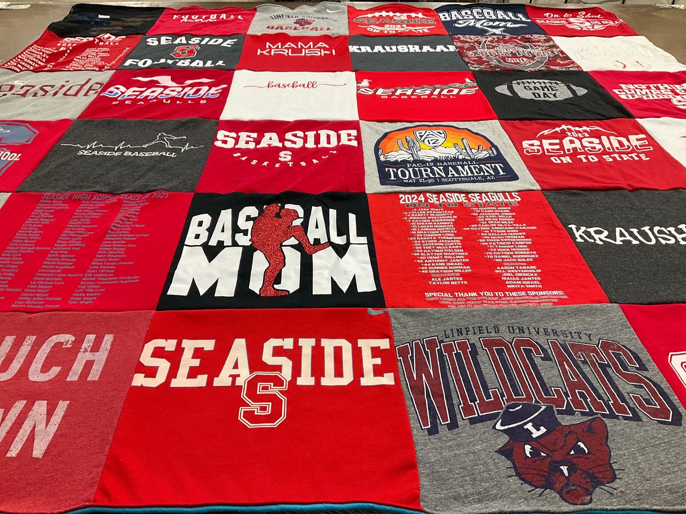T-shirt quilt featuring seaside seagulls, linfield university wildcats by Jason from OR