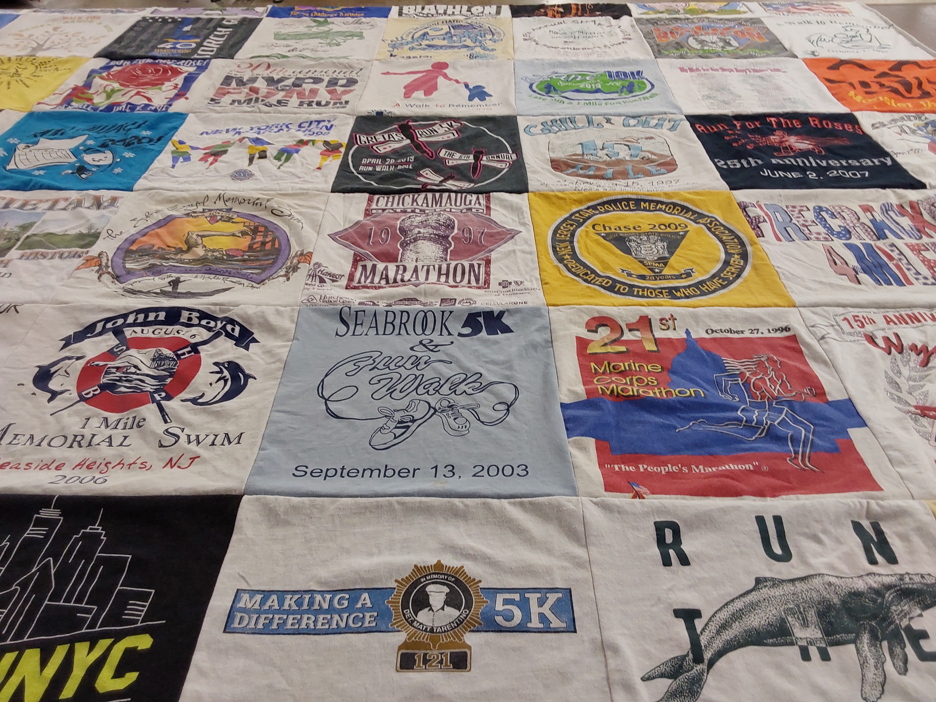 T-shirt quilt with running, swimming themes by David from NJ