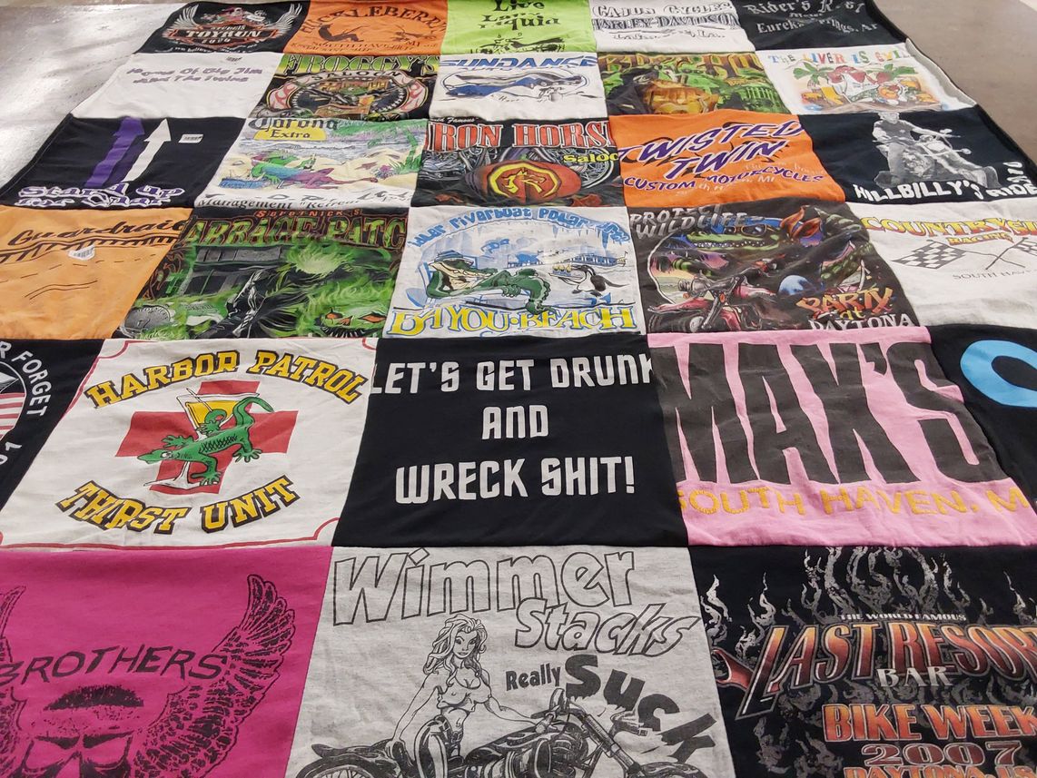 T-shirt quilt with motorcycles, biking themes by Susie from MI