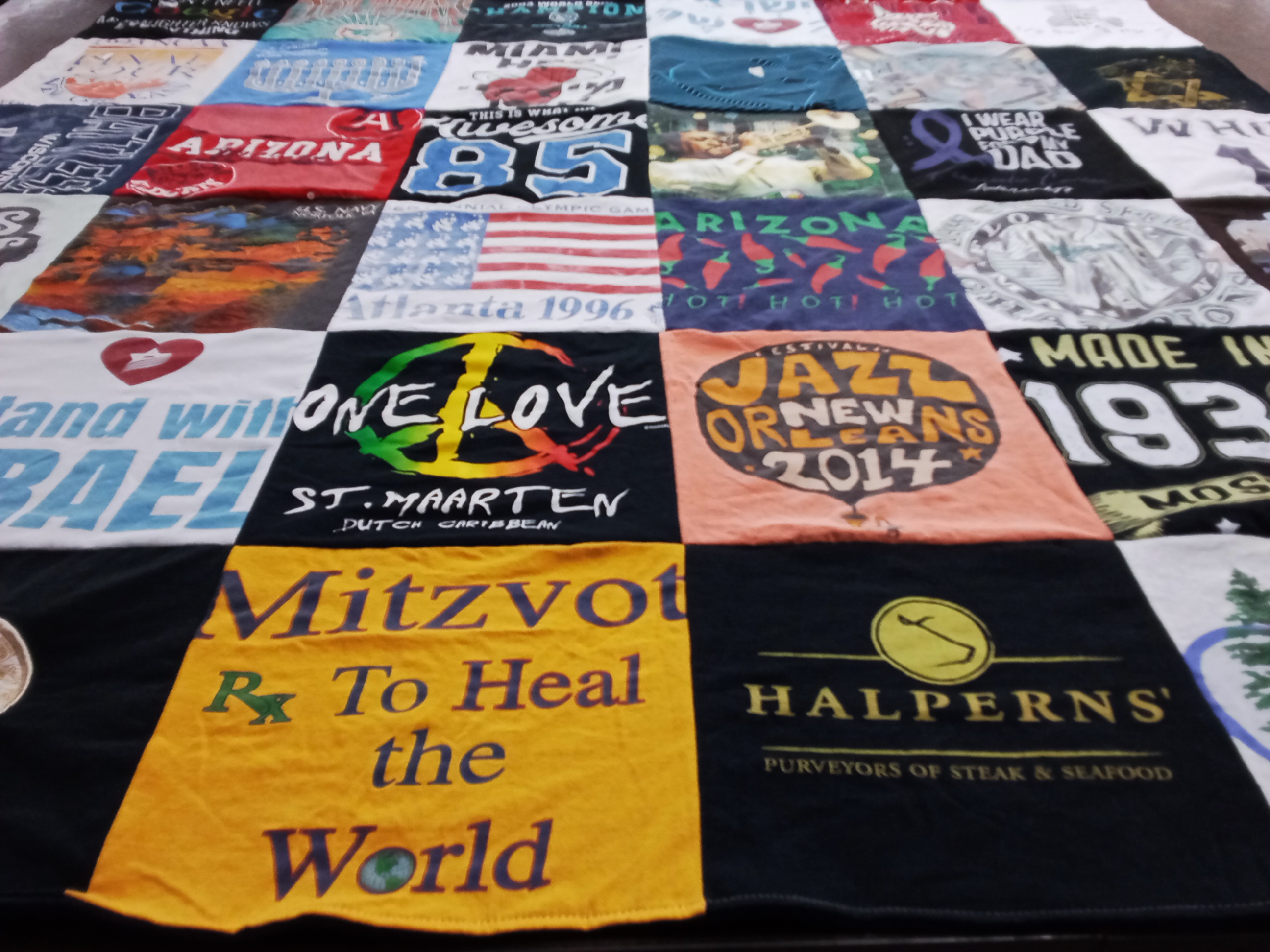 T-shirt quilt with music, travel themes by Joy from FL